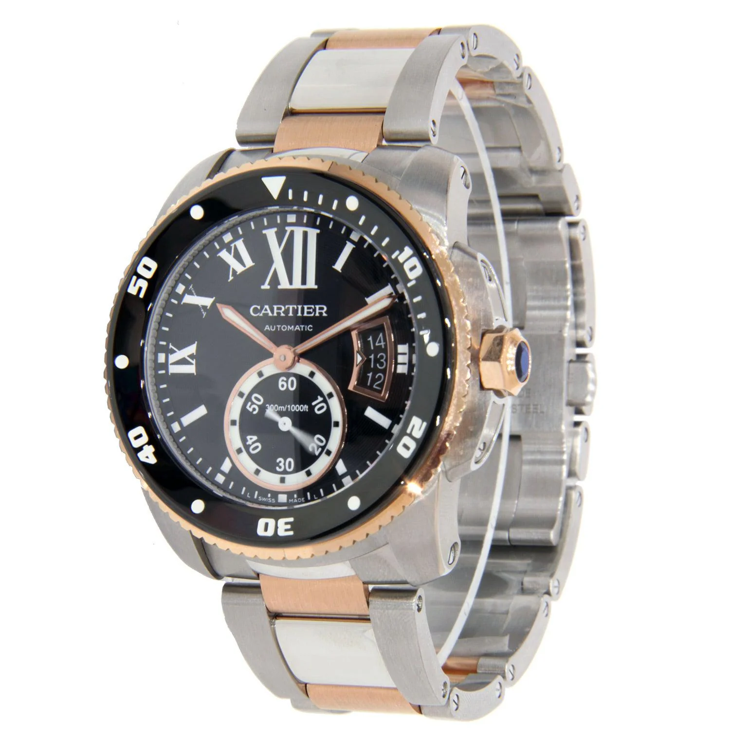 Cartier Calibre Diver 42MM W7100054 Black Roman Dial Black Ceramic Bezel Two Tone Rose Gold Bracelet - Image 2