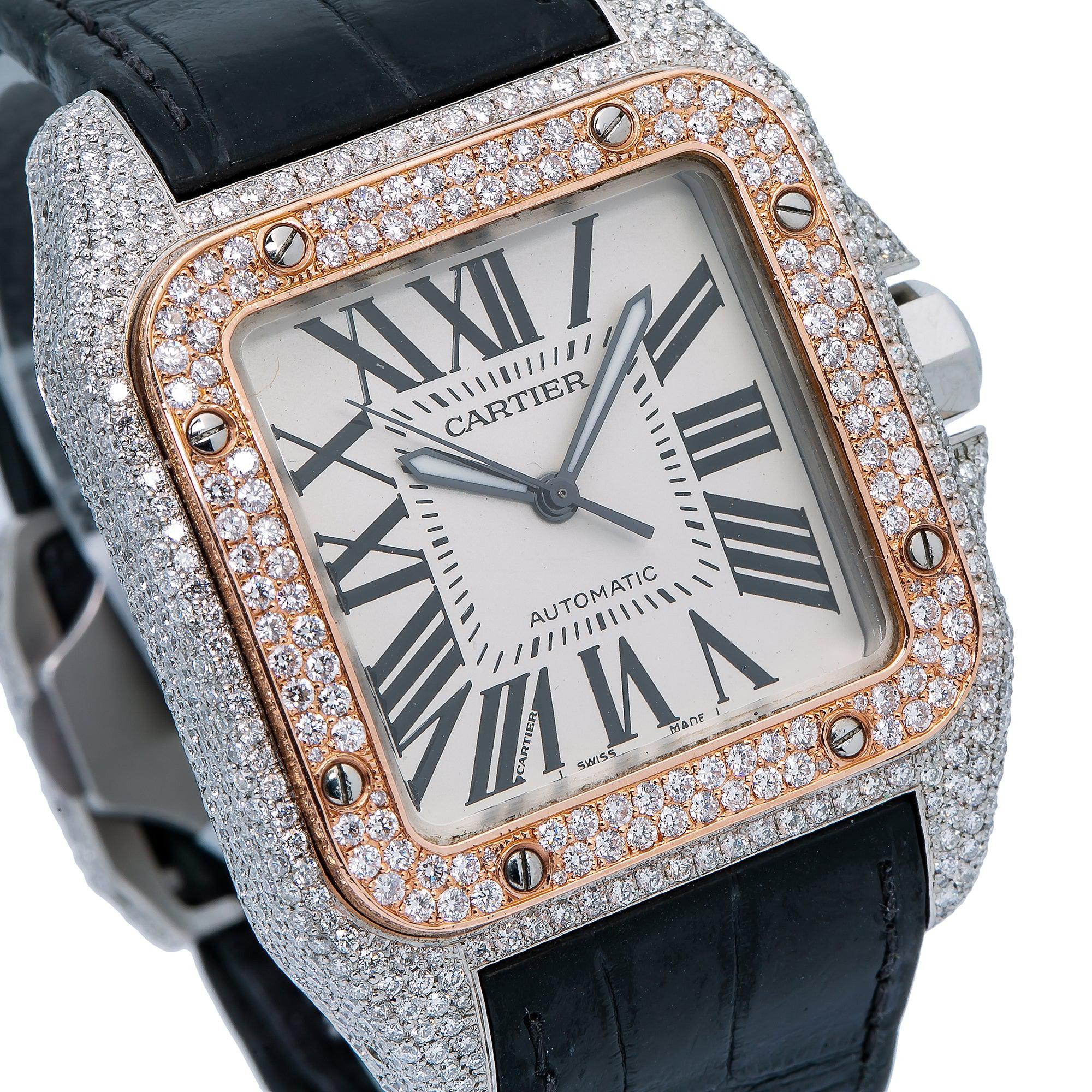 Cartier Santos 100 38MM W20073X8 Silver Roman Dial Rose Gold Diamond Paved Bezel Black Leather Strap 9.25ct - Image 5