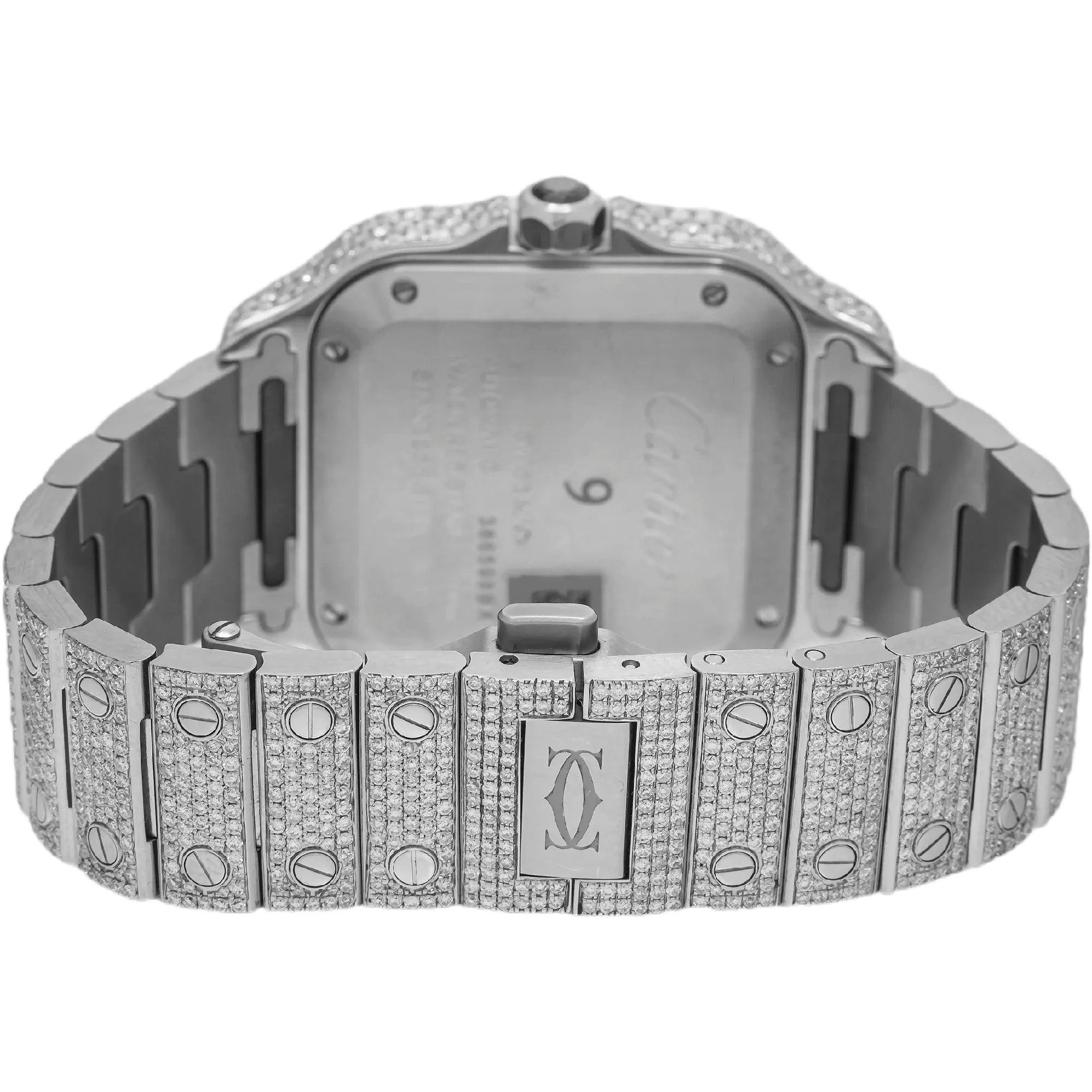 Cartier Santos 35.1MM WSSA0029 Diamond Paved Roman Dial Diamond Paved Bezel Stainless Steel Full Diamond Bracelet 11.65ct - Image 5