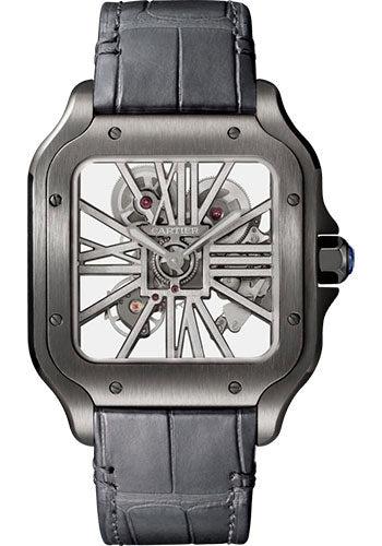 Cartier Santos 39.8MM WHSA0009 Skeleton Roman Dial Black Stainless Steel Bezel Black Leather Strap