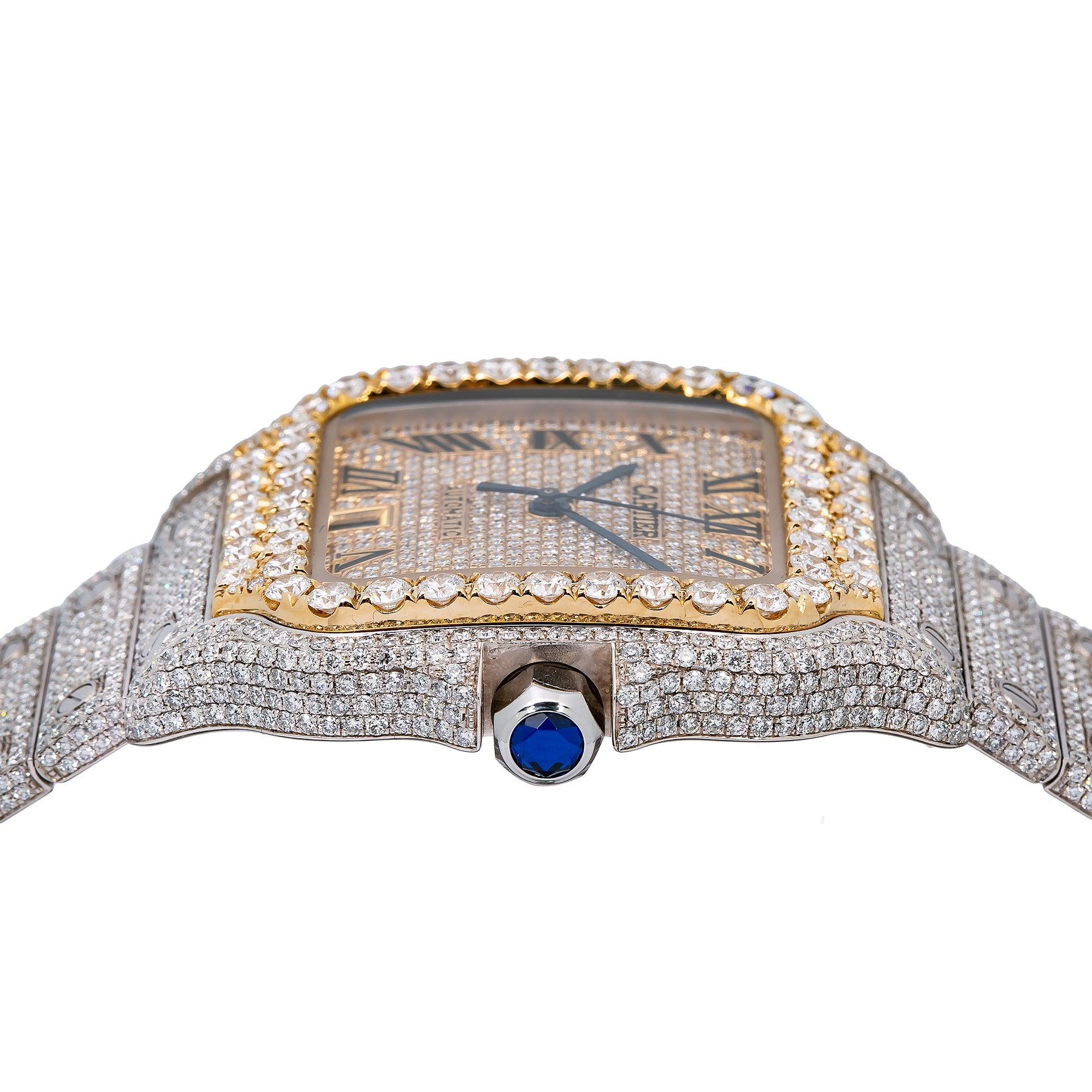 Cartier Santos 39.8MM WSSA0018 Diamond Paved Champagne Roman Dial Yellow Gold Diamond Bezel Stainless Steel Full Diamond Bracelet 19.25ct - Image 6
