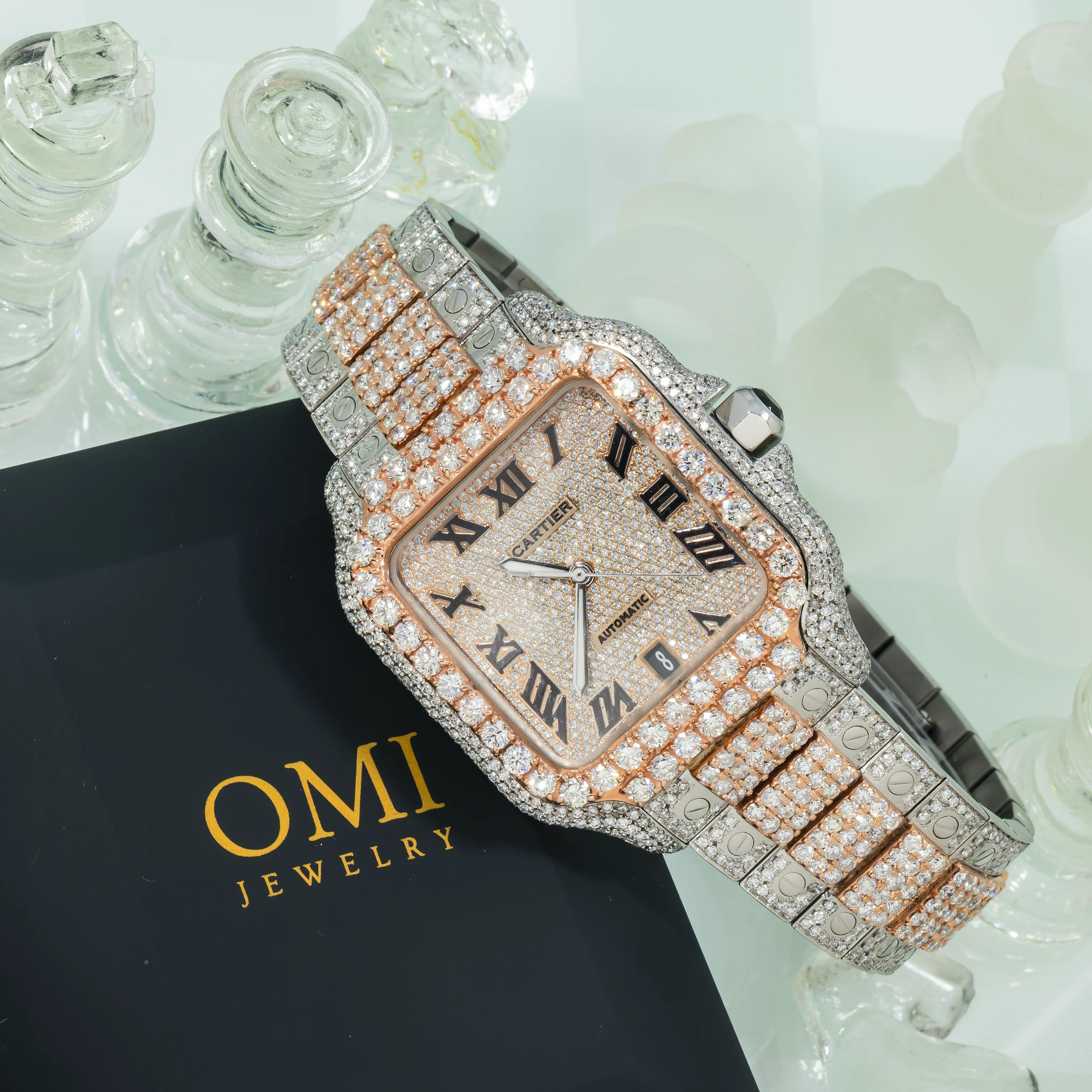 Cartier Santos 39.8MM WSSA0037 Rose Gold Roman Dial Diamond Bezel Two Tone Rose Gold Full Diamond Bracelet - Image 4