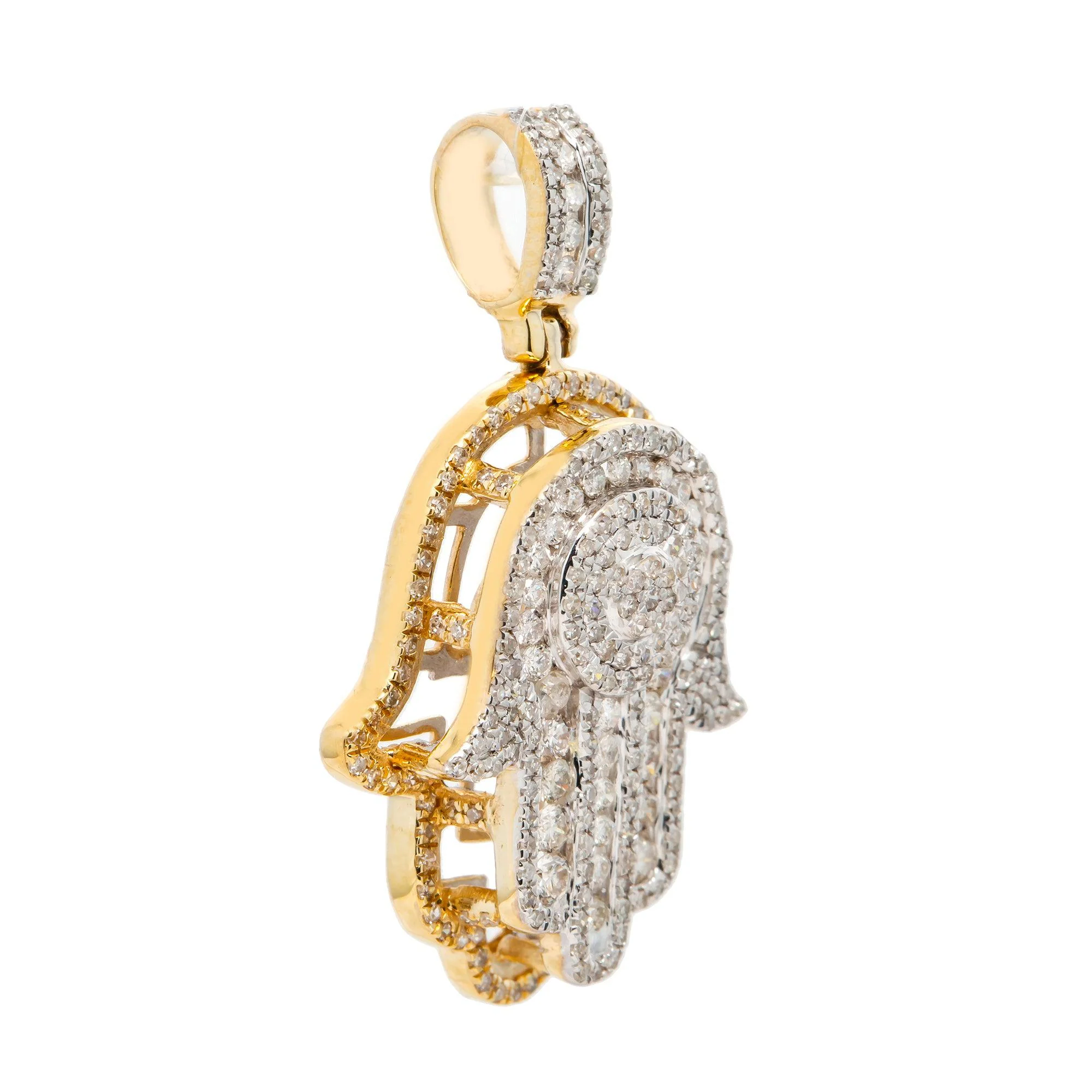 14K GOLD ROUND CLUSTER DIAMOND HAMSA PENDANT WITH 2 ROW MIDDLE BORDER 1.20 CT - Image 6