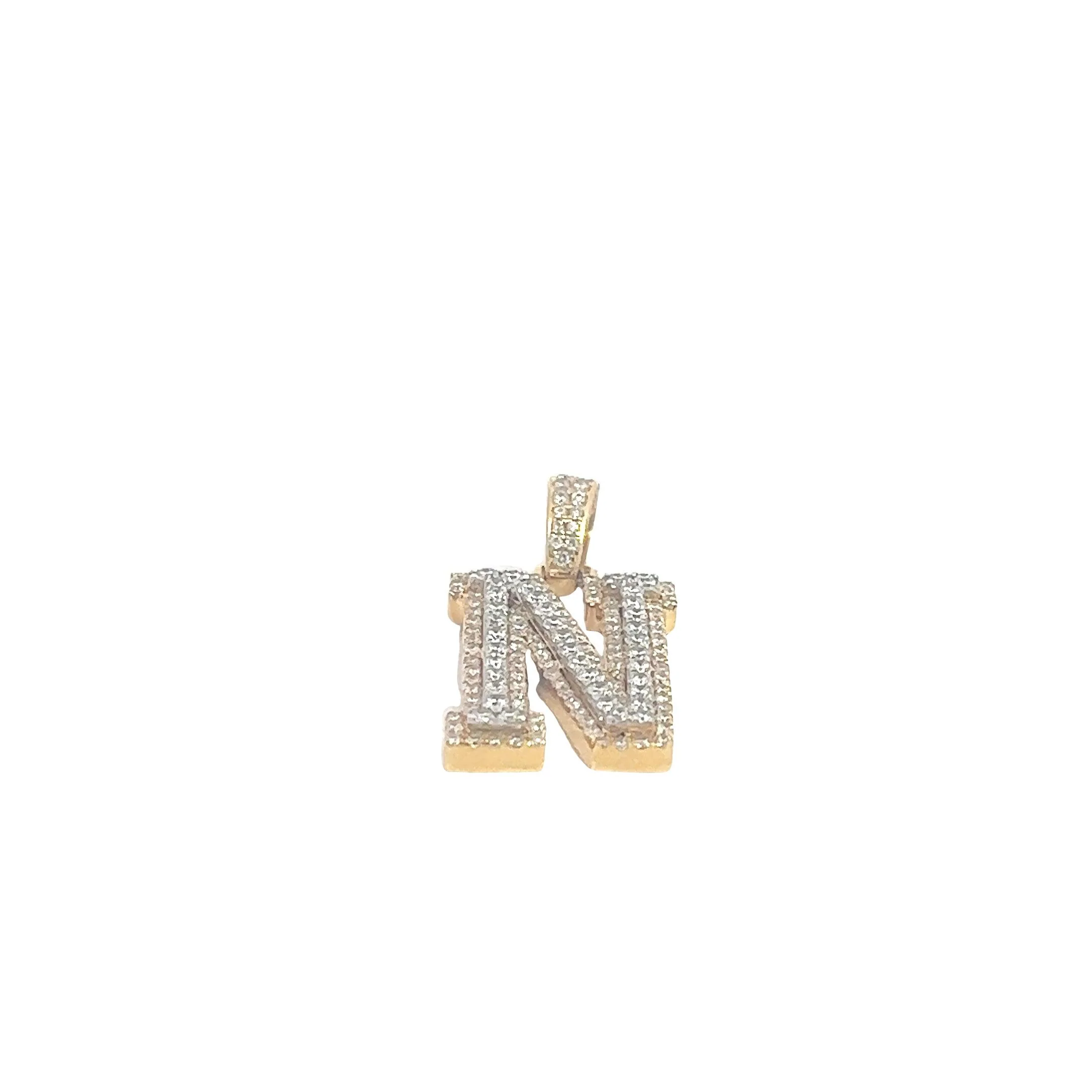 14K TWO-TONE GOLD DIAMOND 3D LETTER "N" PENDANT 1.10CT - Image 2