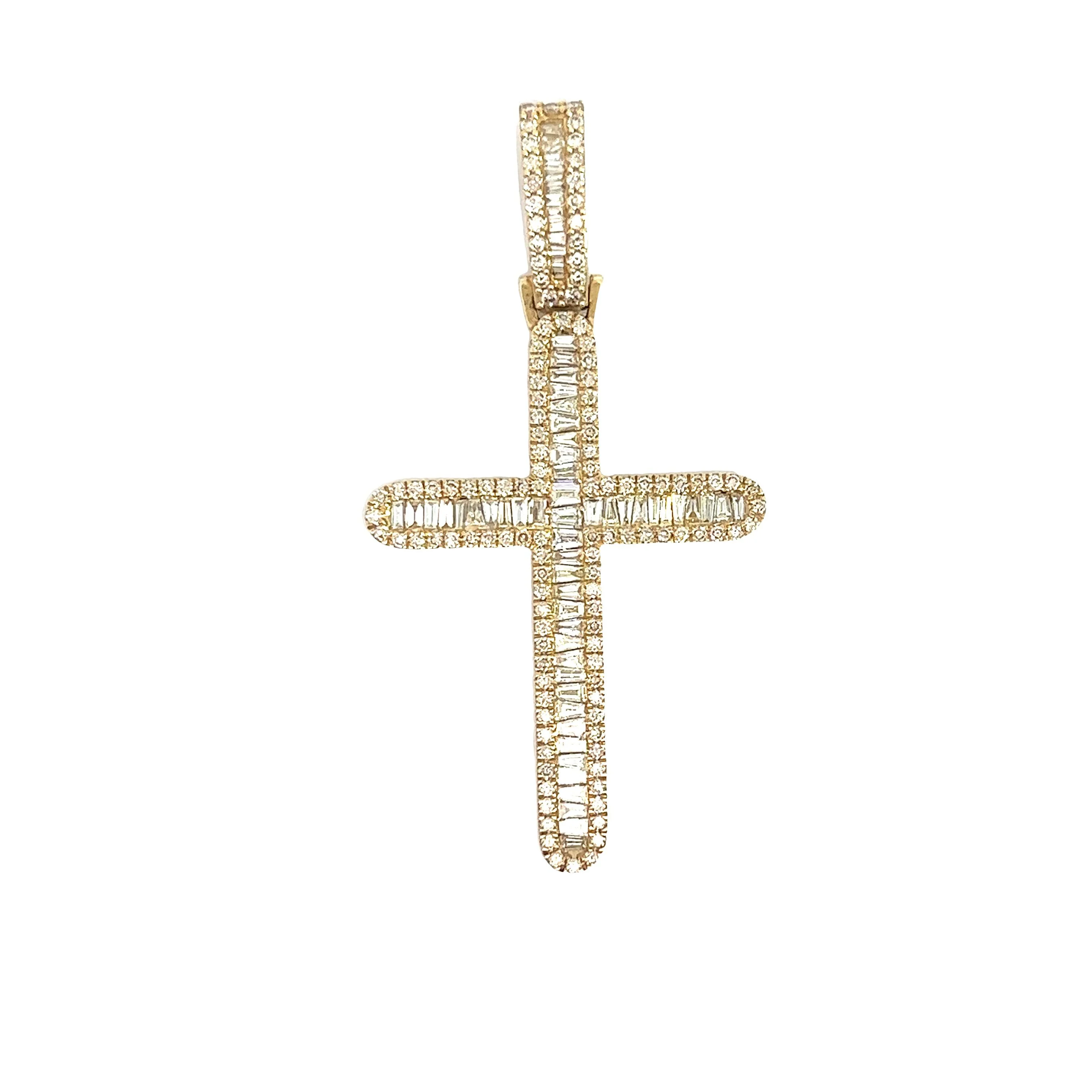 14K GOLD ROUND AND BAGUETTE DIAMOND CROSS PENDANT 2.75 CT