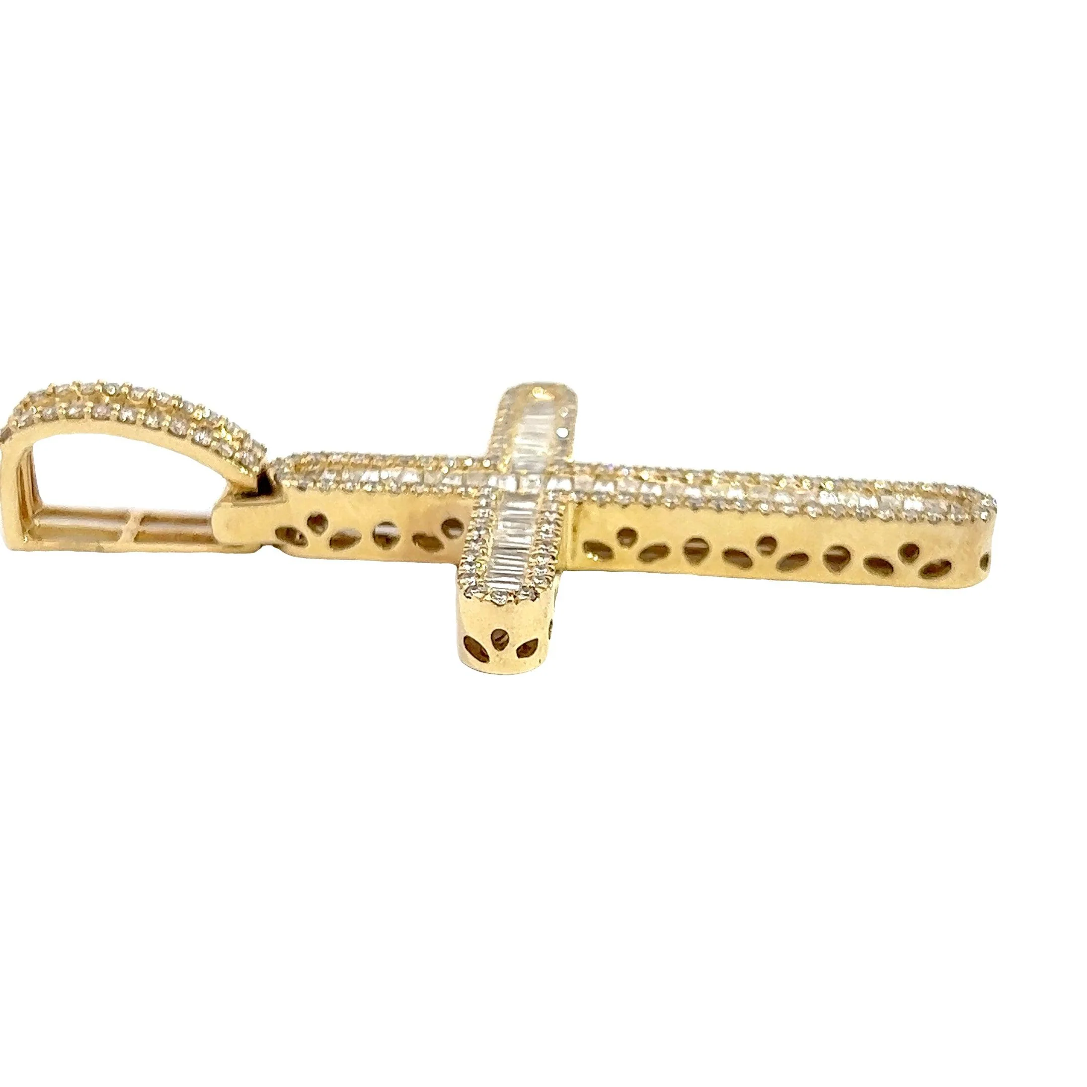 14K GOLD ROUND AND BAGUETTE DIAMOND CROSS PENDANT 2.75 CT - Image 3