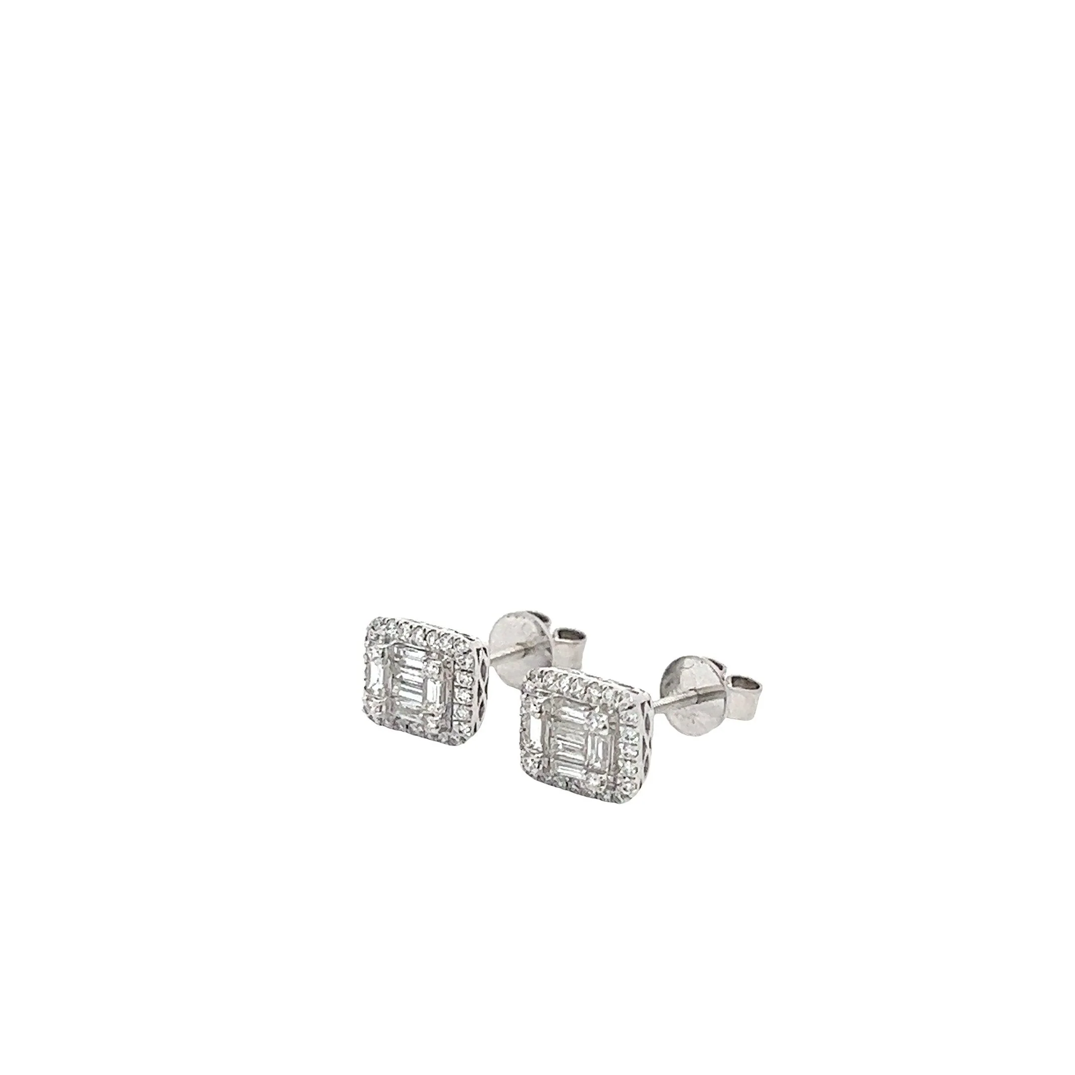14K GOLD ROUND AND BAGUETTE DIAMOND RECTANGLE CLUSTER EARRINGS 0.85CT - Image 3