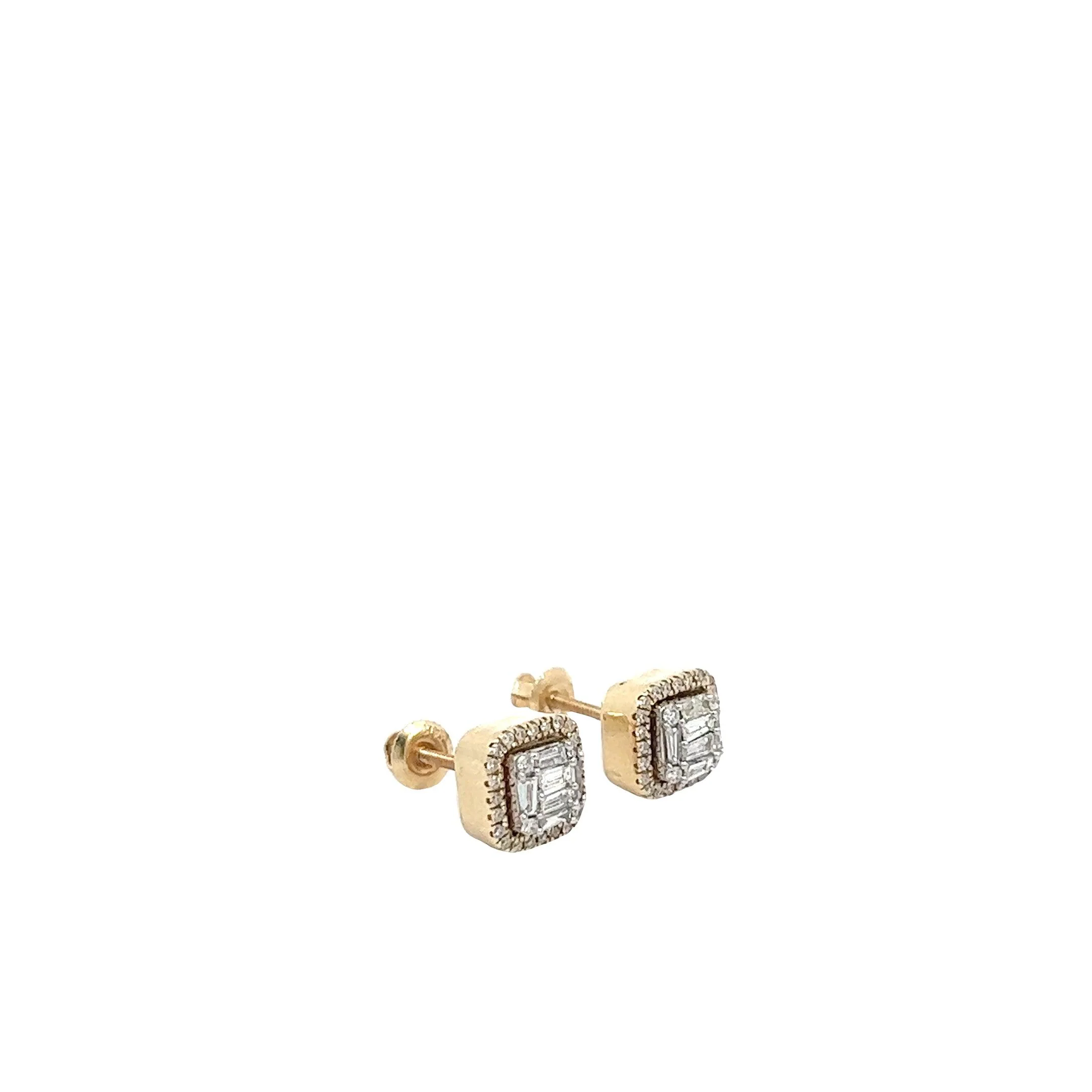 14K GOLD ROUND AND BAGUETTE DIAMOND SQUARE EARRINGS WITH HALO 0.80 CT - Image 3