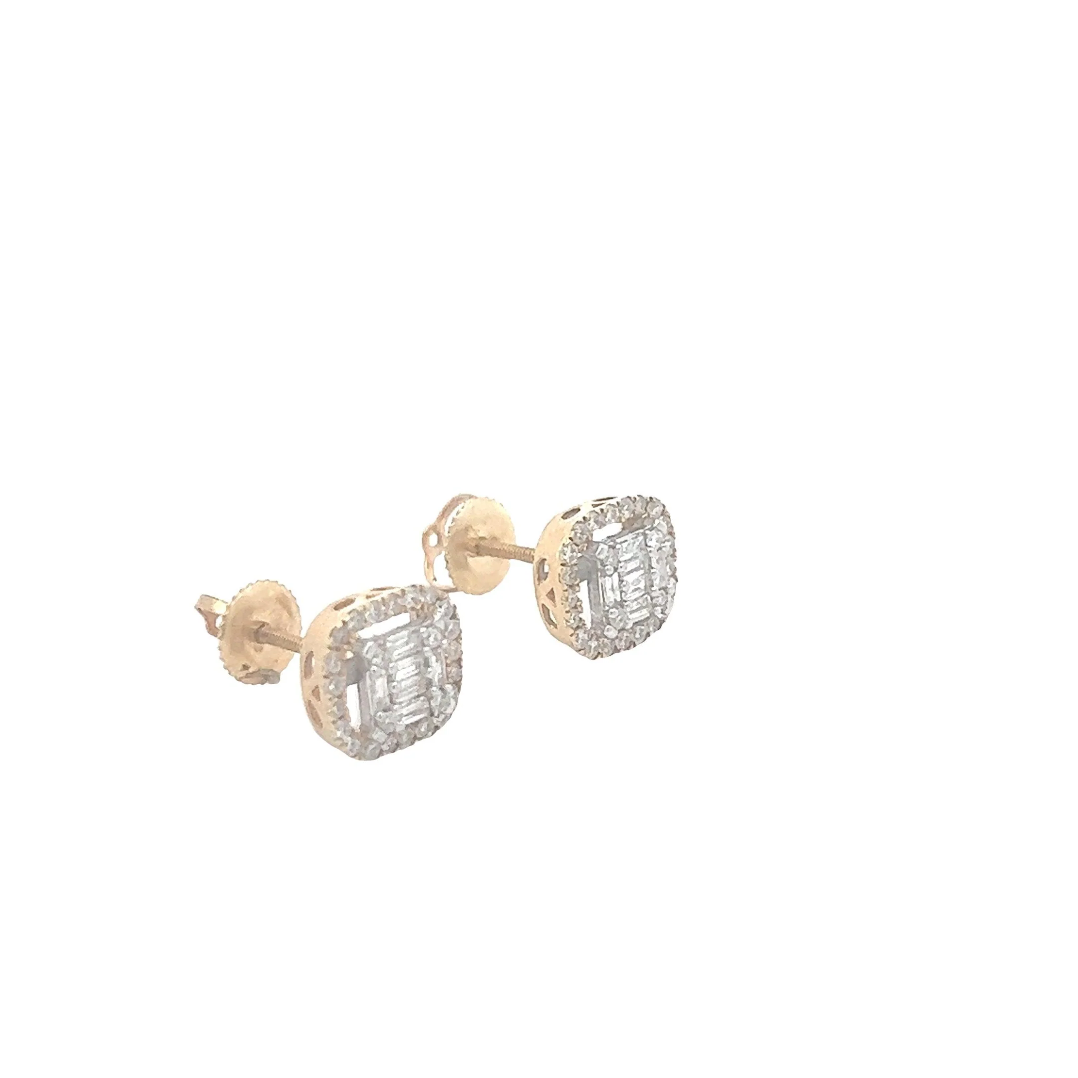 14K GOLD ROUND AND BAGUETTE DIAMOND CLUSER STUD EARRINGS 0.65 CT - Image 2