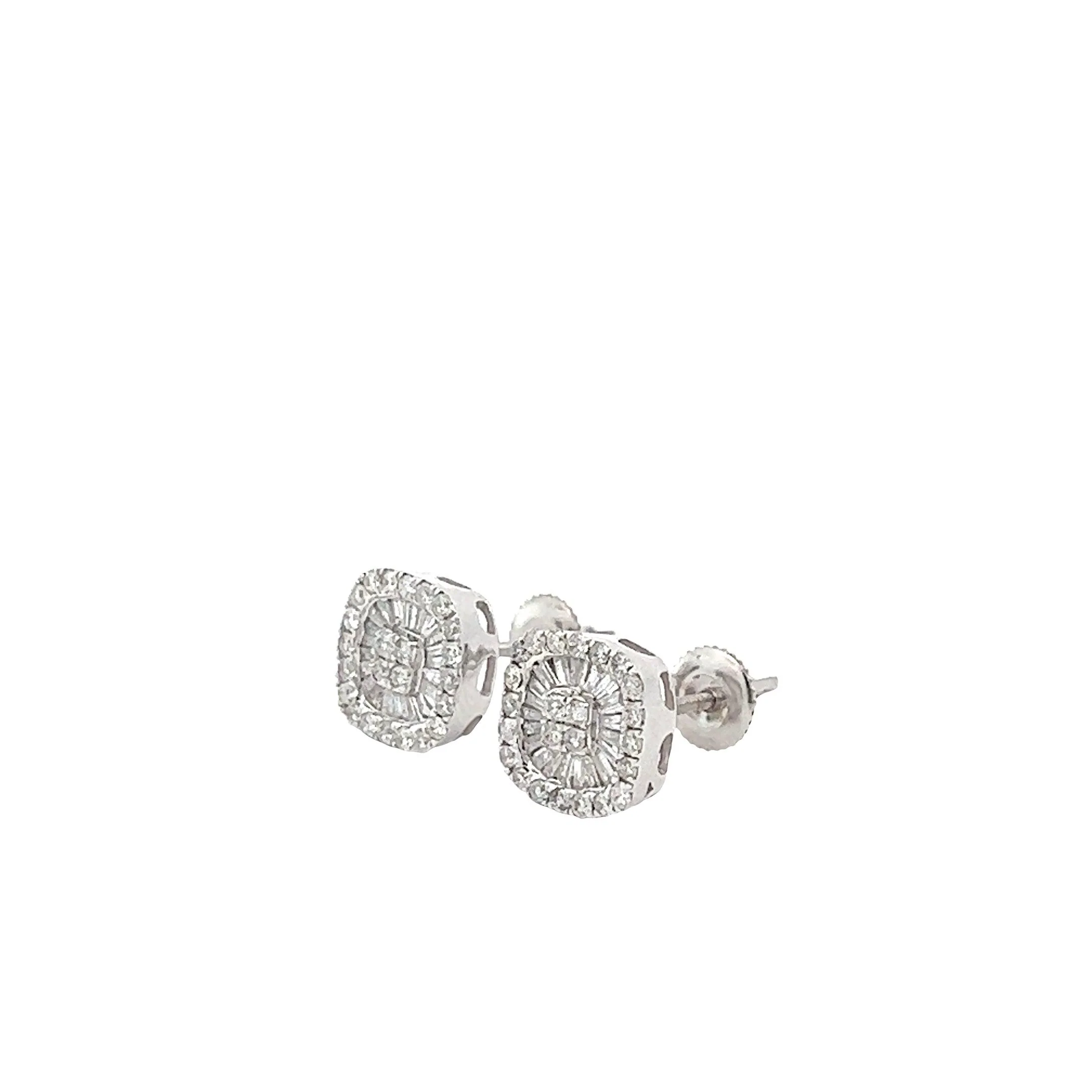 14K GOLD ROUND AND BAGUETTE DIAMOND SQUARE CLUSTER EARRINGS 1.00 CT - Image 2