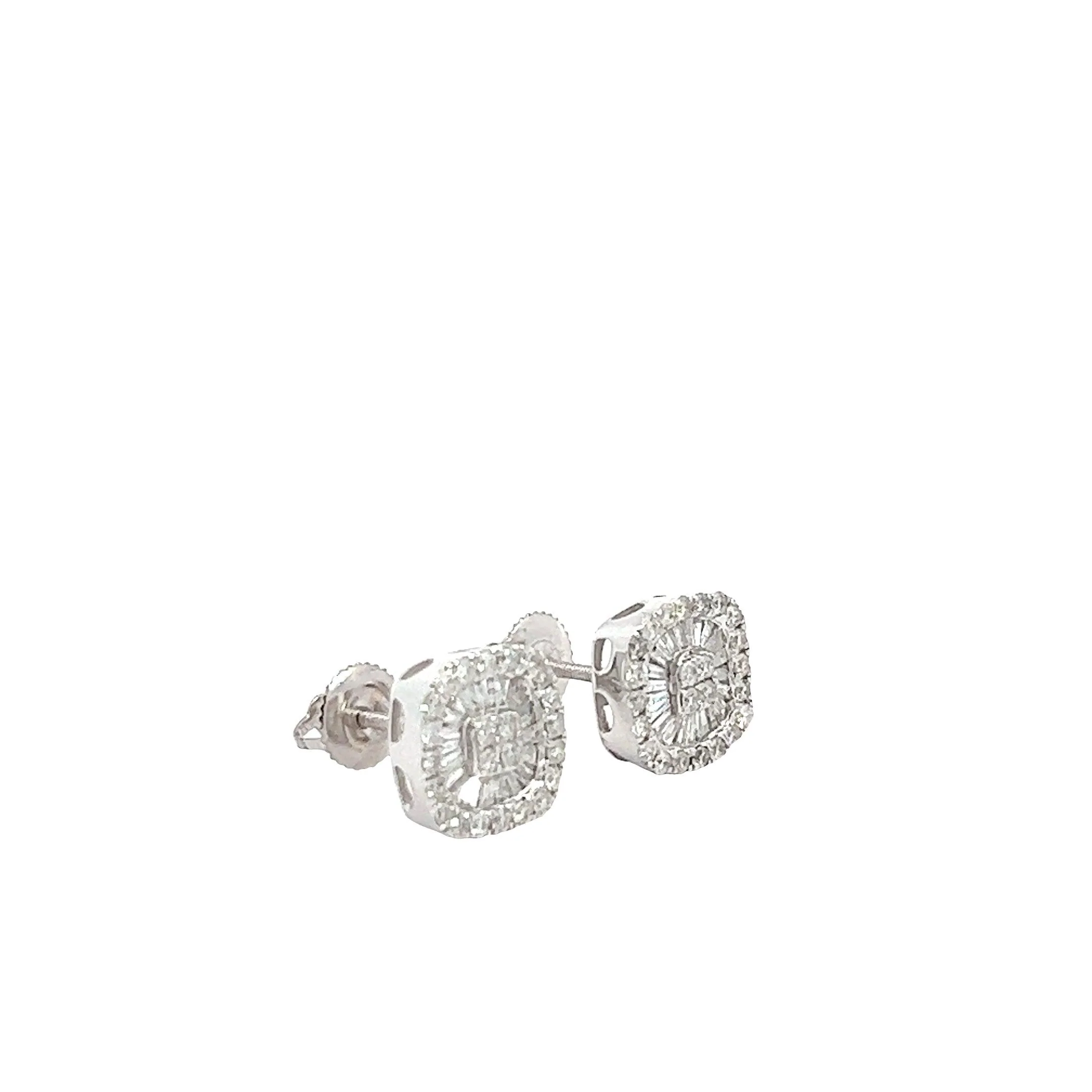 14K GOLD ROUND AND BAGUETTE DIAMOND SQUARE CLUSTER EARRINGS 1.00 CT - Image 3