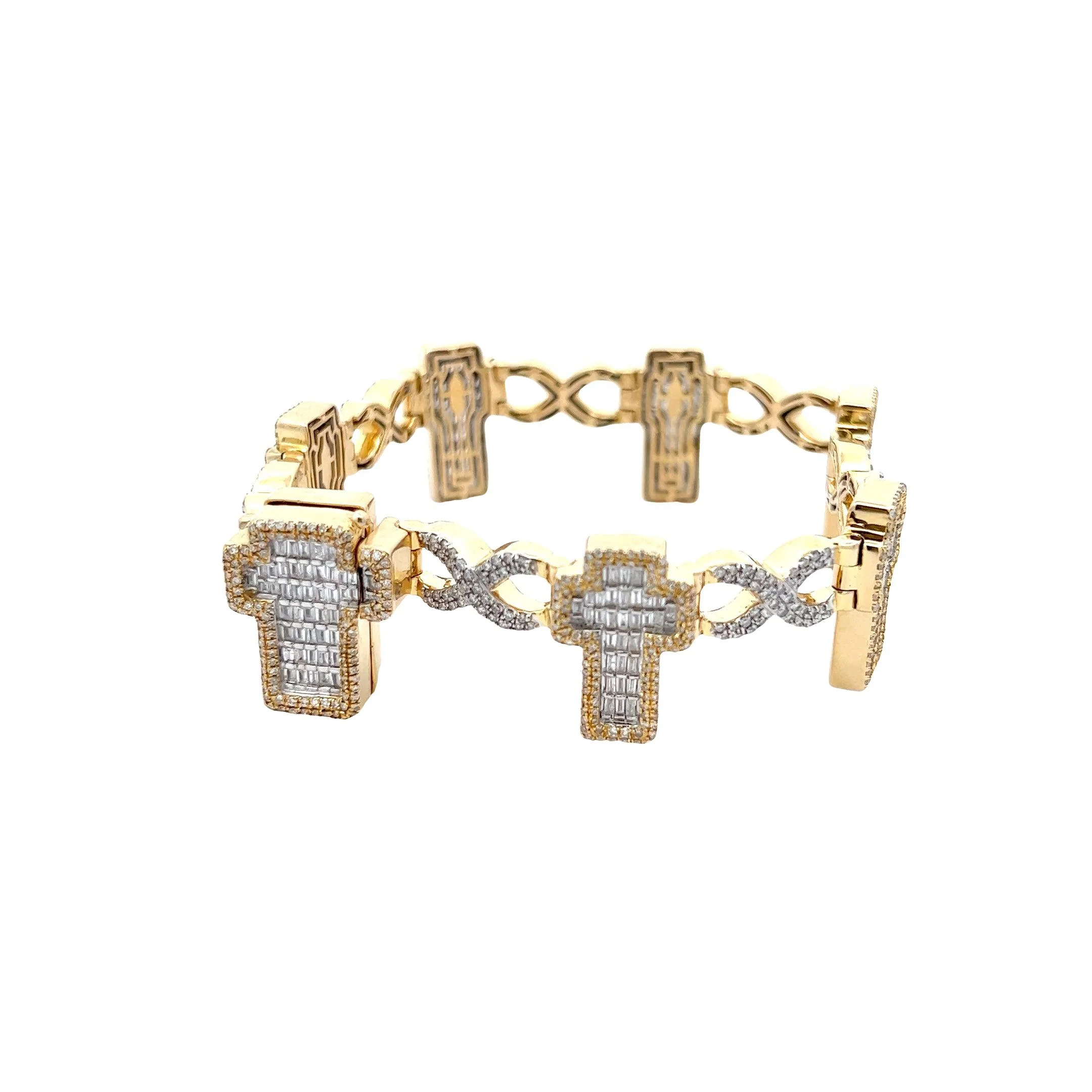 14K GOLD ROUND AND BAGUETTE DIAMOND INFINTY LINK CROSS BRACELET 6.55 CT - Image 4