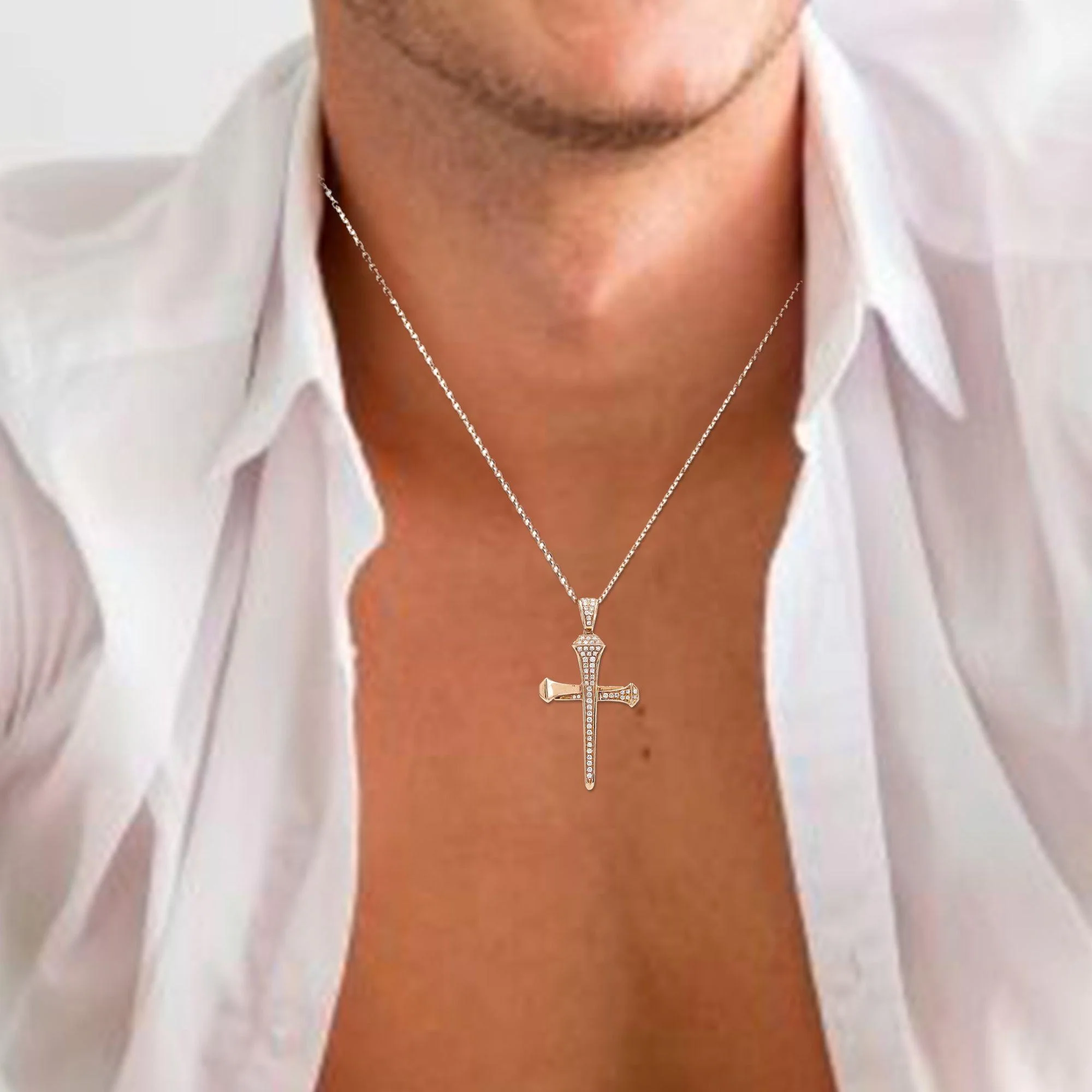 Unisex 14K Yellow Gold Cross of Nails Pendant with 0.48 CT Diamonds - Image 4