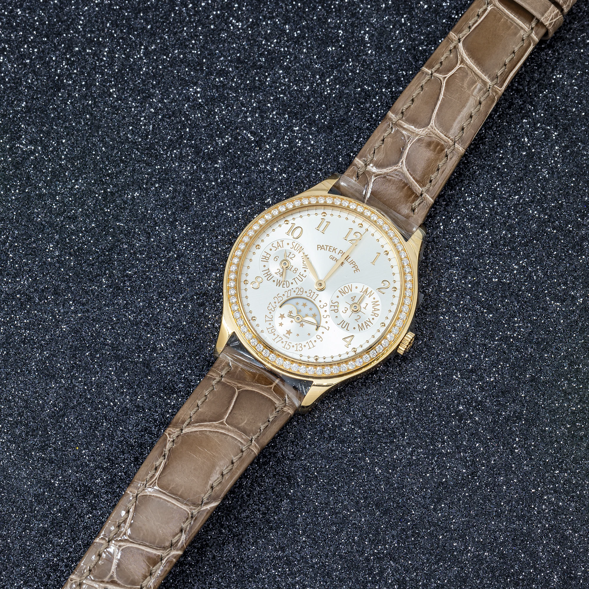 Patek Philippe Grand Complications 35.1MM 7140R-001 Silver Arabic Dial Diamond Bezel Brown Alligator Leather Strap - Image 6