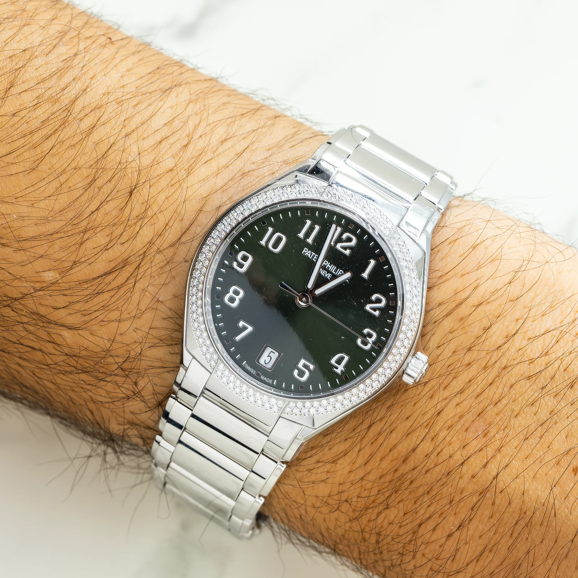 Patek Philippe Twenty~4 36MM 7300/1200A-011 Green Arabic Dial Diamond Paved Bezel Stainless Steel Bracelet - Image 2