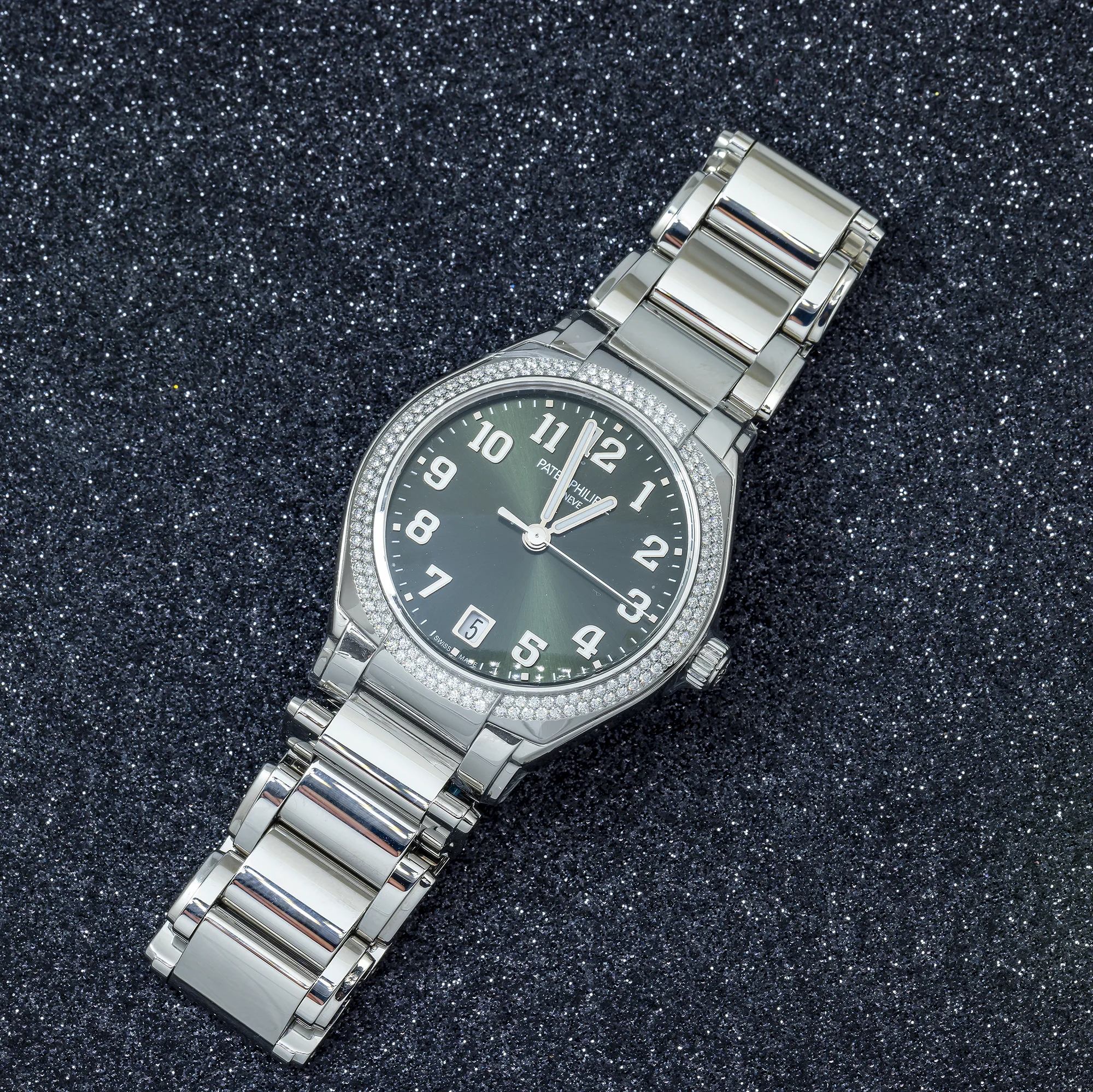 Patek Philippe Twenty~4 36MM 7300/1200A-011 Green Arabic Dial Diamond Paved Bezel Stainless Steel Bracelet - Image 4