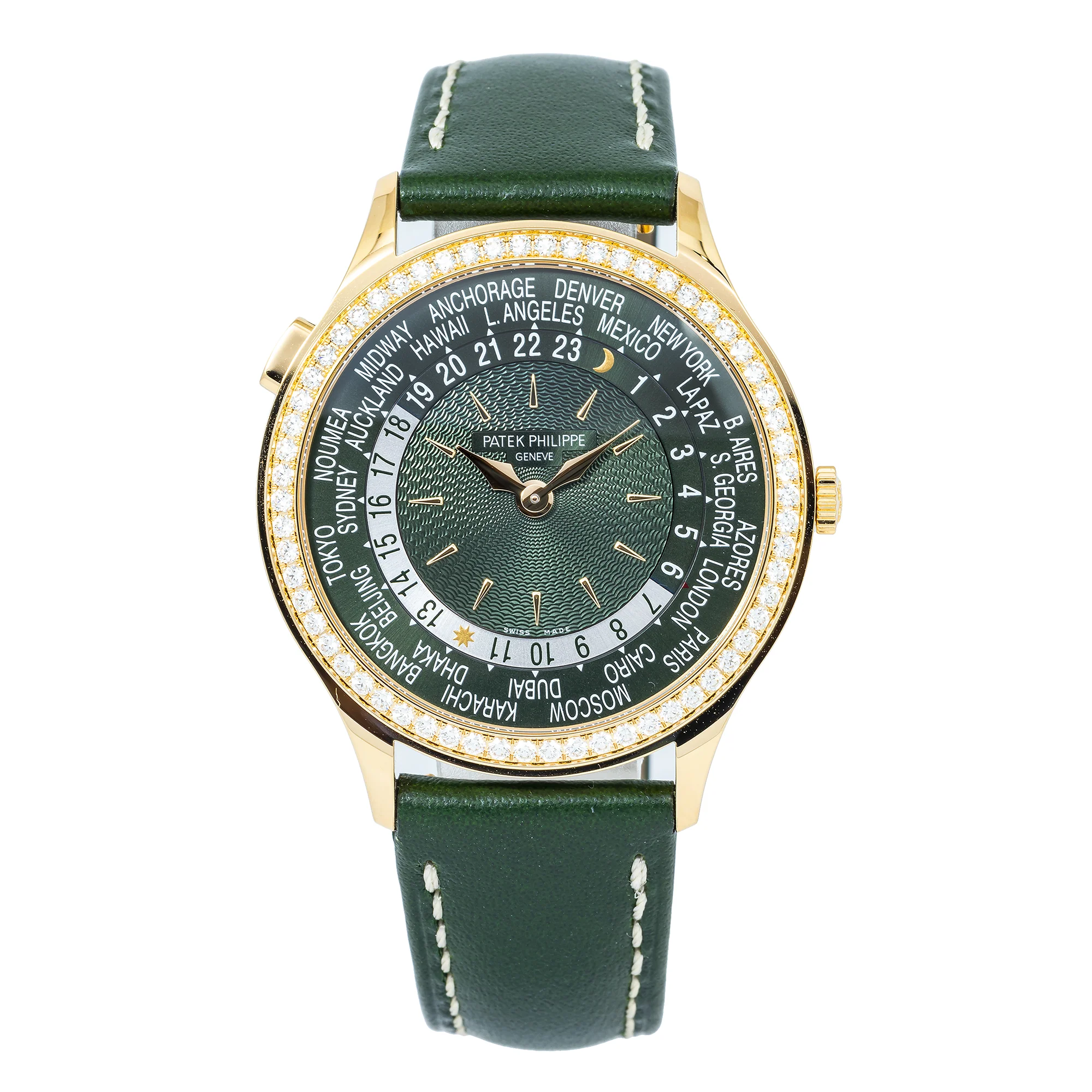 Patek Philippe World Time 36MM 7130R-014 Green Dial Diamond Bezel Green Leather Strap
