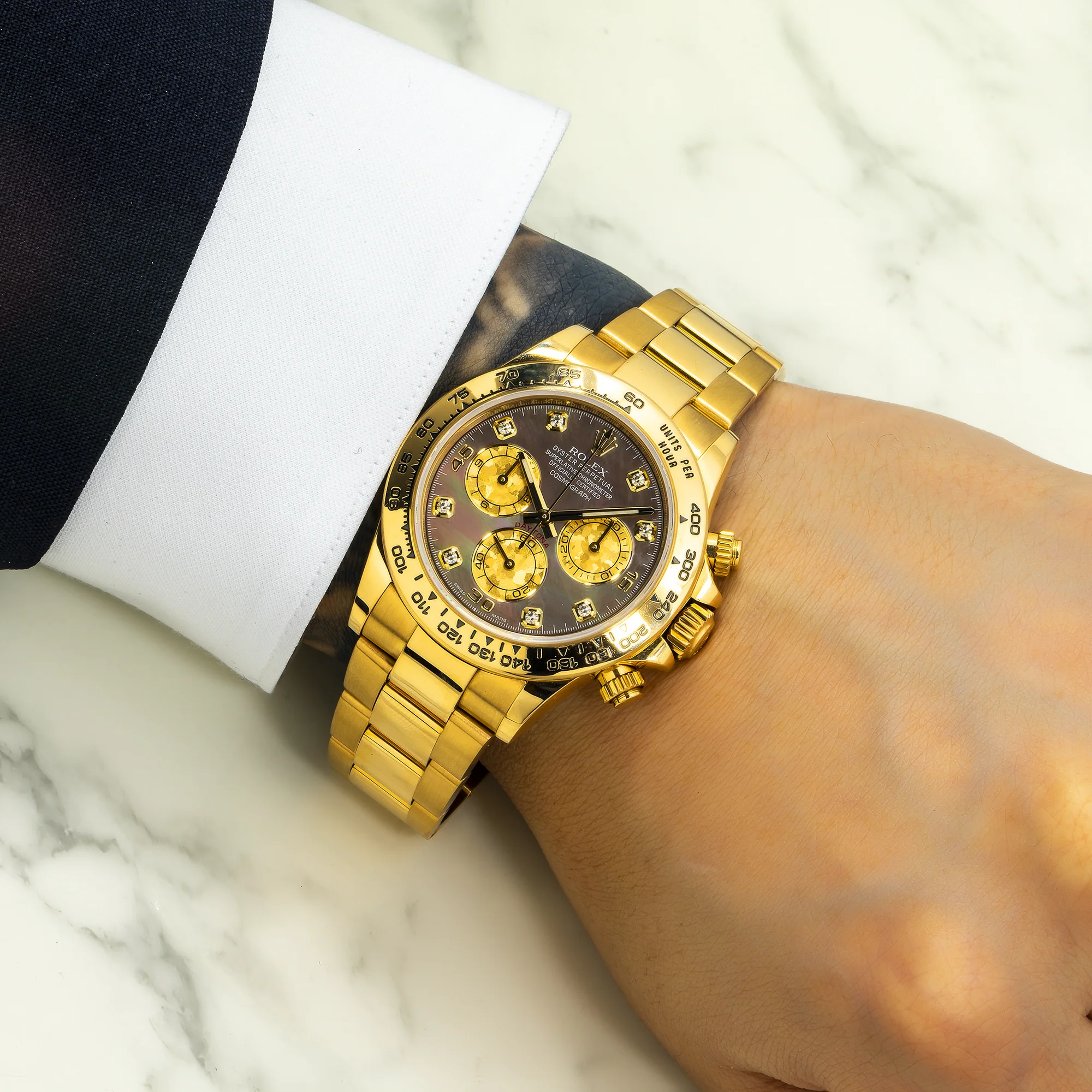 Rolex Cosmograph Daytona 40MM 116508 Black Mother of Pearl Diamond Dial Tachymeter Bezel 18K Yellow Gold Oyster Bracelet - Image 2