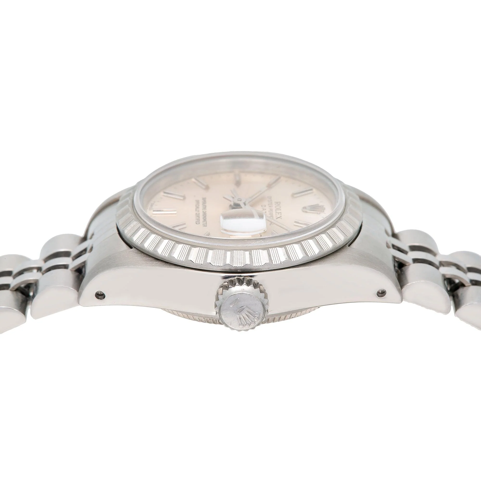 Rolex Date 26MM 6924 Silver Dial Engine Turned Bezel Stainless Steel Jubilee Bracelet - Image 4