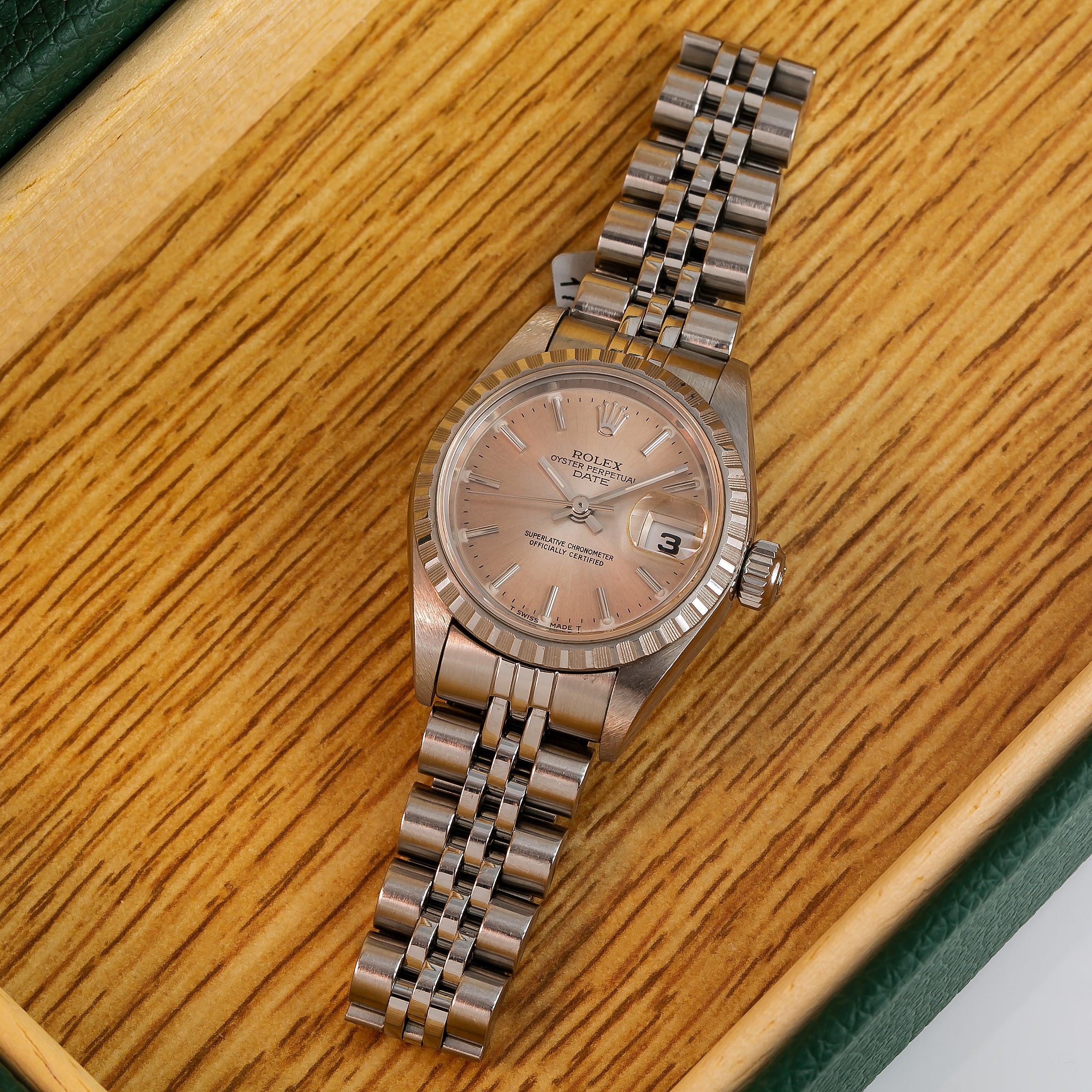 Rolex Date 26MM 69240 Brown Dial Engine Turned Bezel Stainless Steel Jubilee Bracelet - Image 2