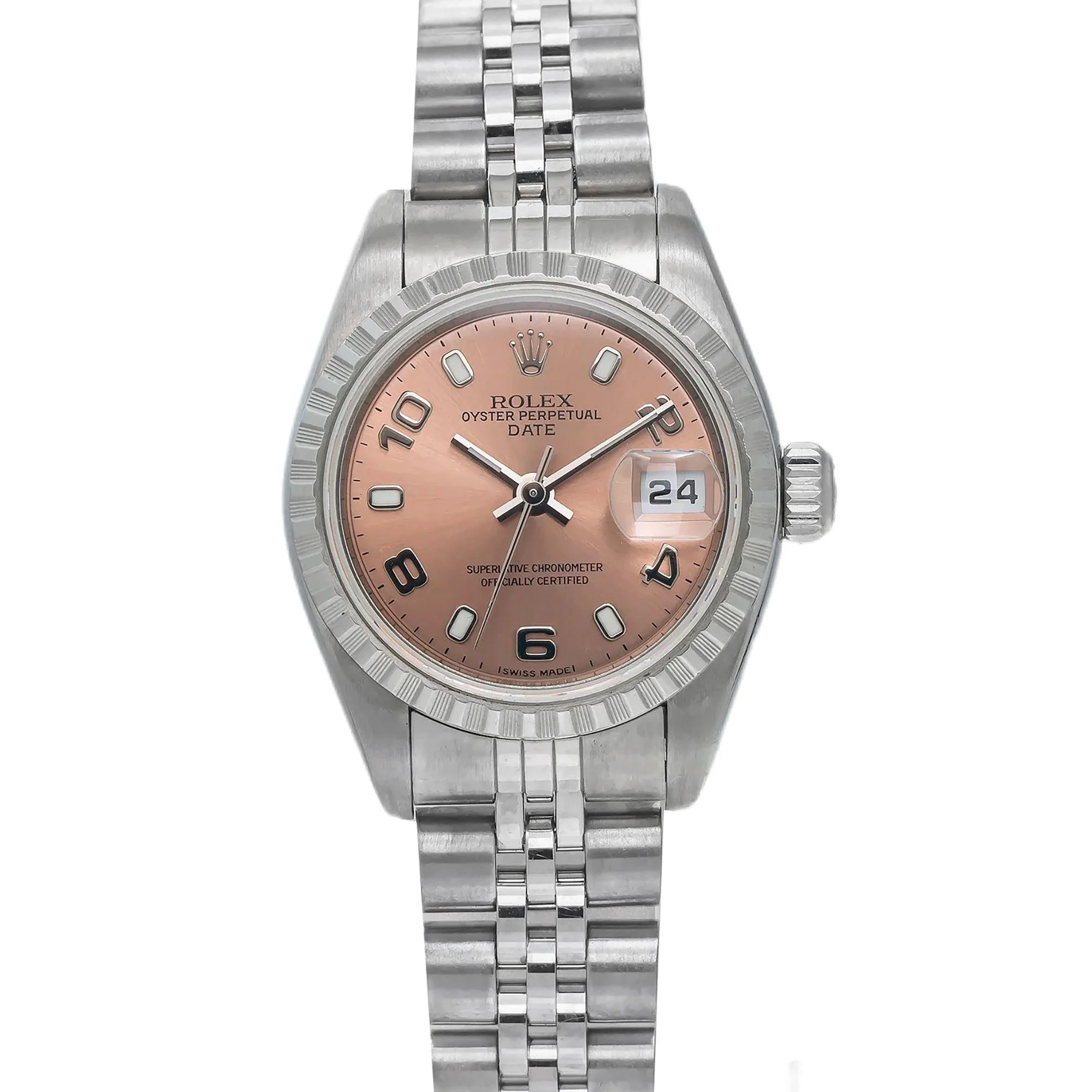 Rolex Date 26MM 79240 Everose Arabic Dial Engine Turned Bezel Stainless Steel Jubilee Bracelet