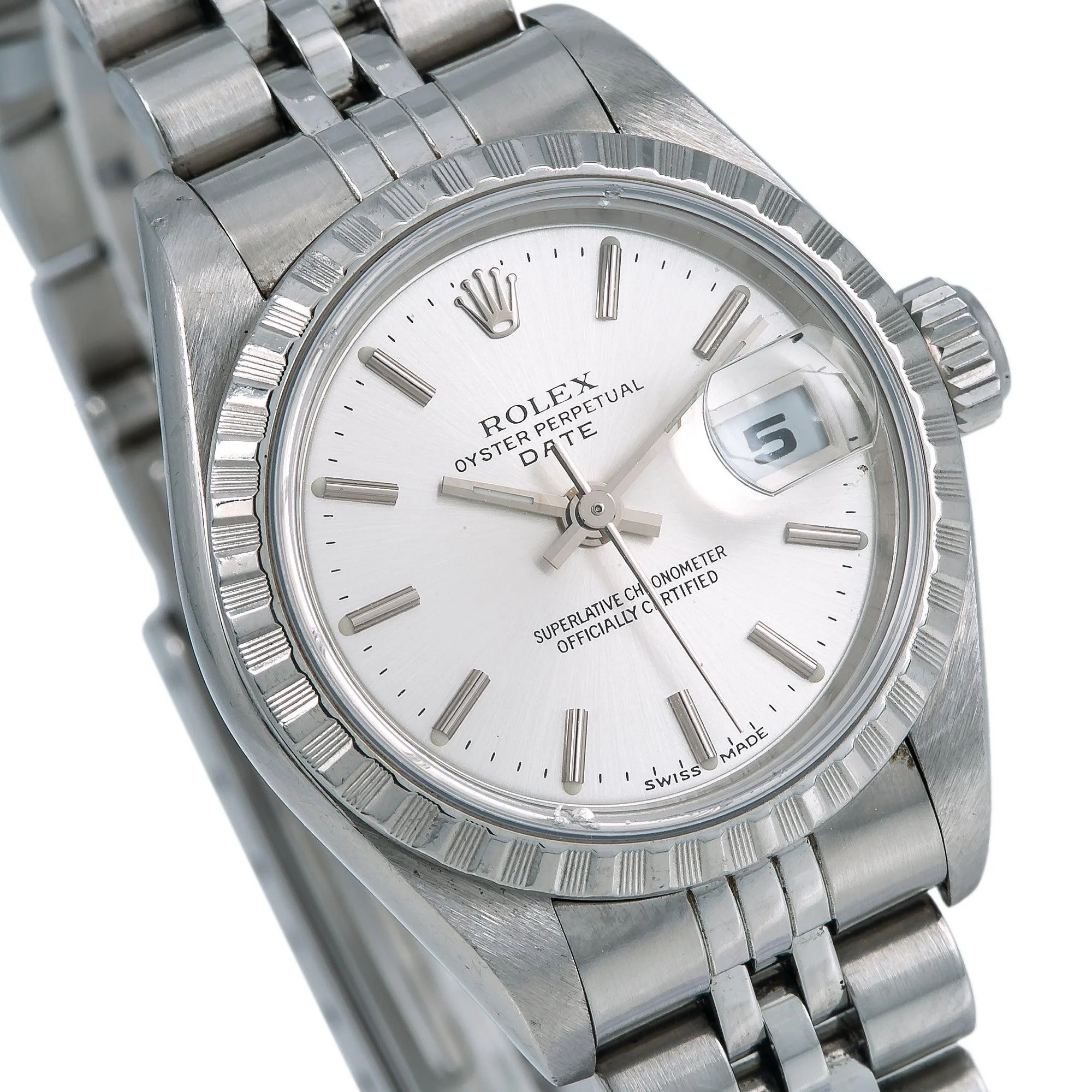 Rolex Date 26MM 79240 Silver Dial Engine Turned Bezel Stainless Steel Jubilee Bracelet - Image 3