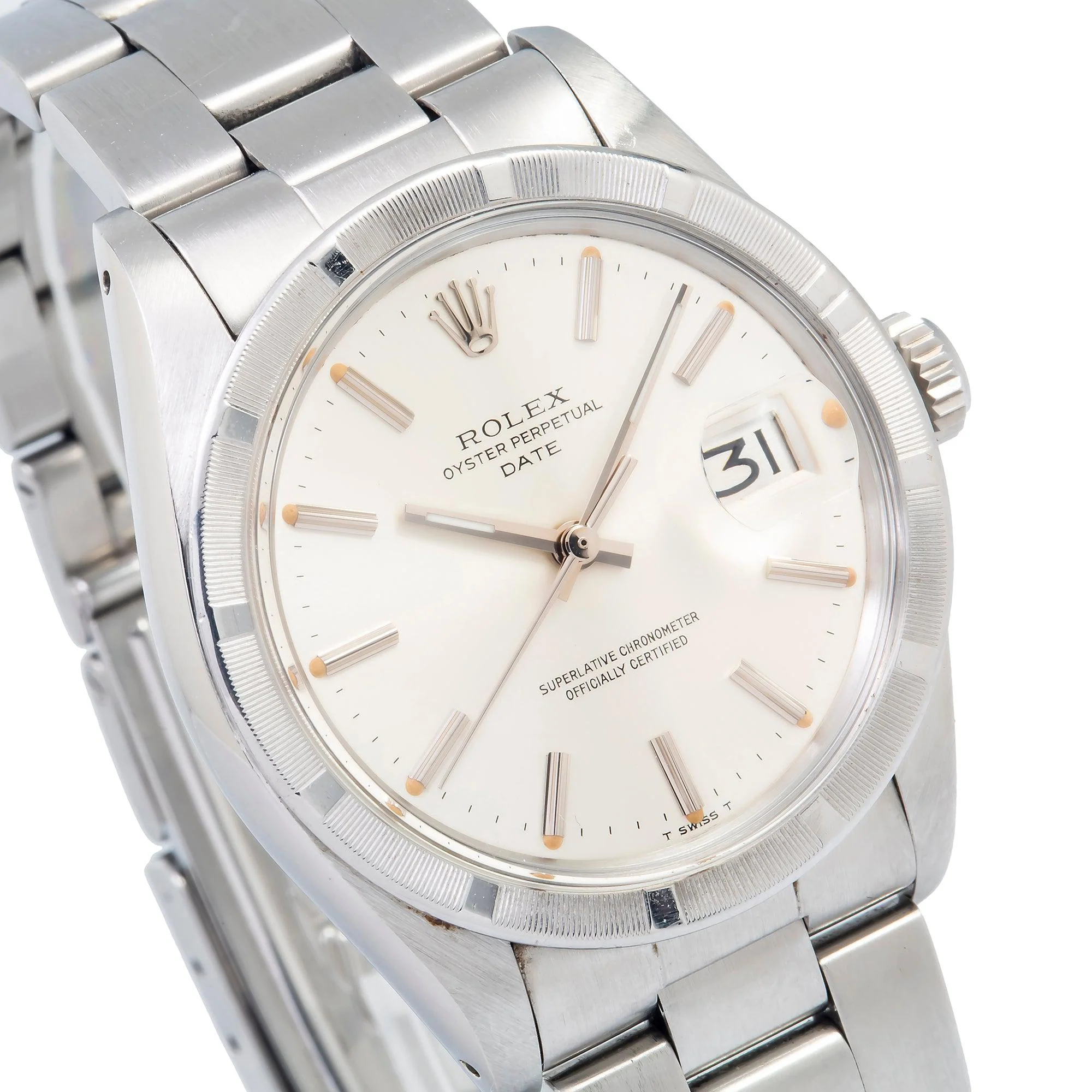 Rolex Date 34MM 1501 Silver Dial Engine Turned Bezel Stainless Steel Oyster Bracelet - Image 3