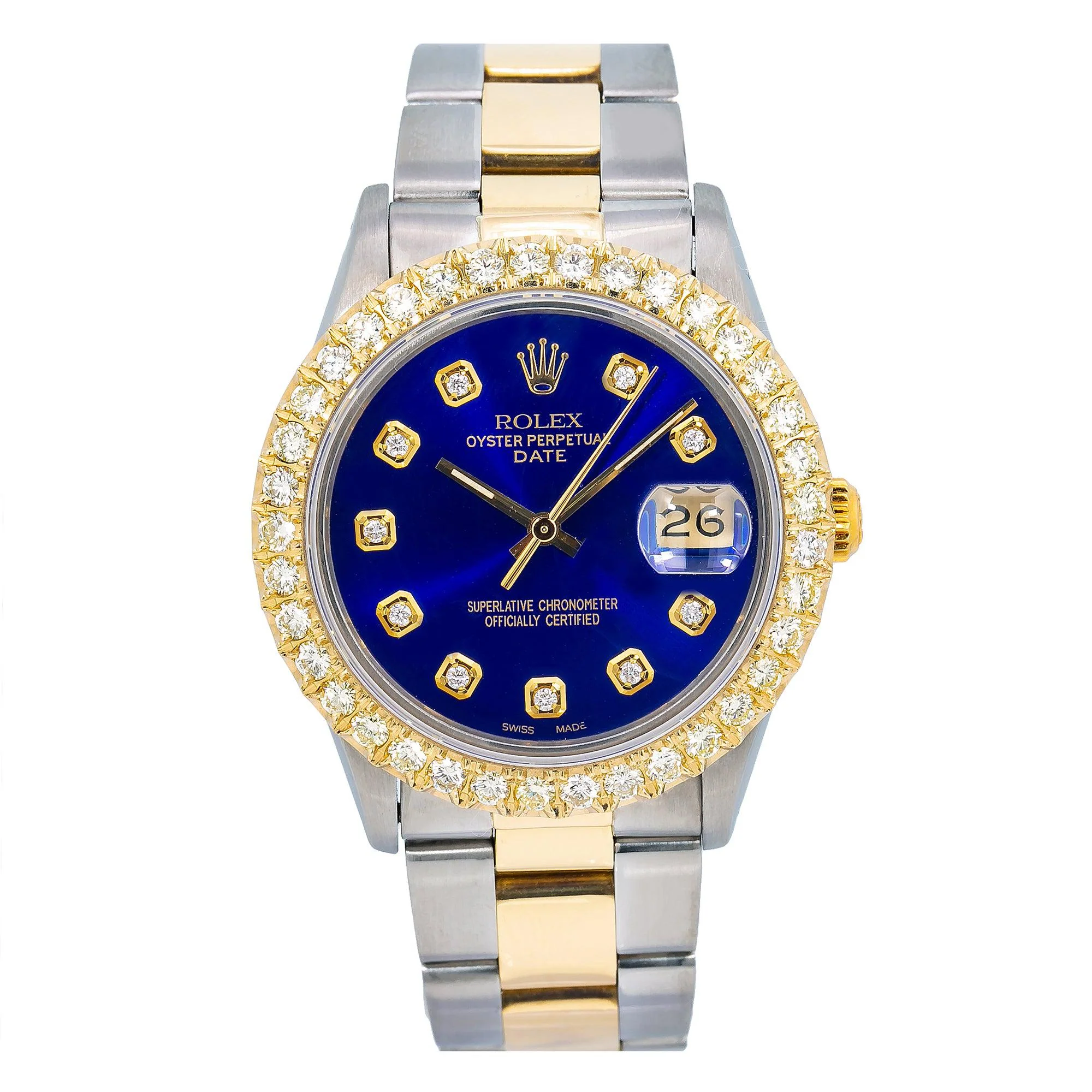 Rolex Date 34MM 1505 Blue Diamond Dial Diamond Bezel Two Tone Yellow Gold Oyster Bracelet 1.2ct