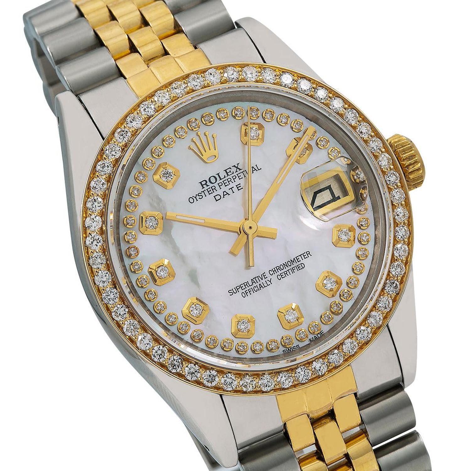 Rolex Date 34MM 1505 White Mother of Pearl Diamond Dial Diamond Bezel Two Tone Yellow Gold Jubilee Bracelet 1.25ct - Image 3