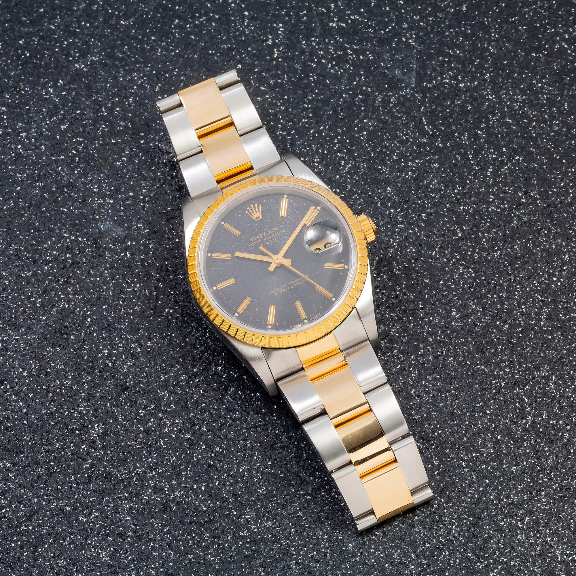 Rolex Date 34MM 15053 Black Dial Engine Turned Bezel Two Tone Yellow Gold Oyster Bracelet - Image 4
