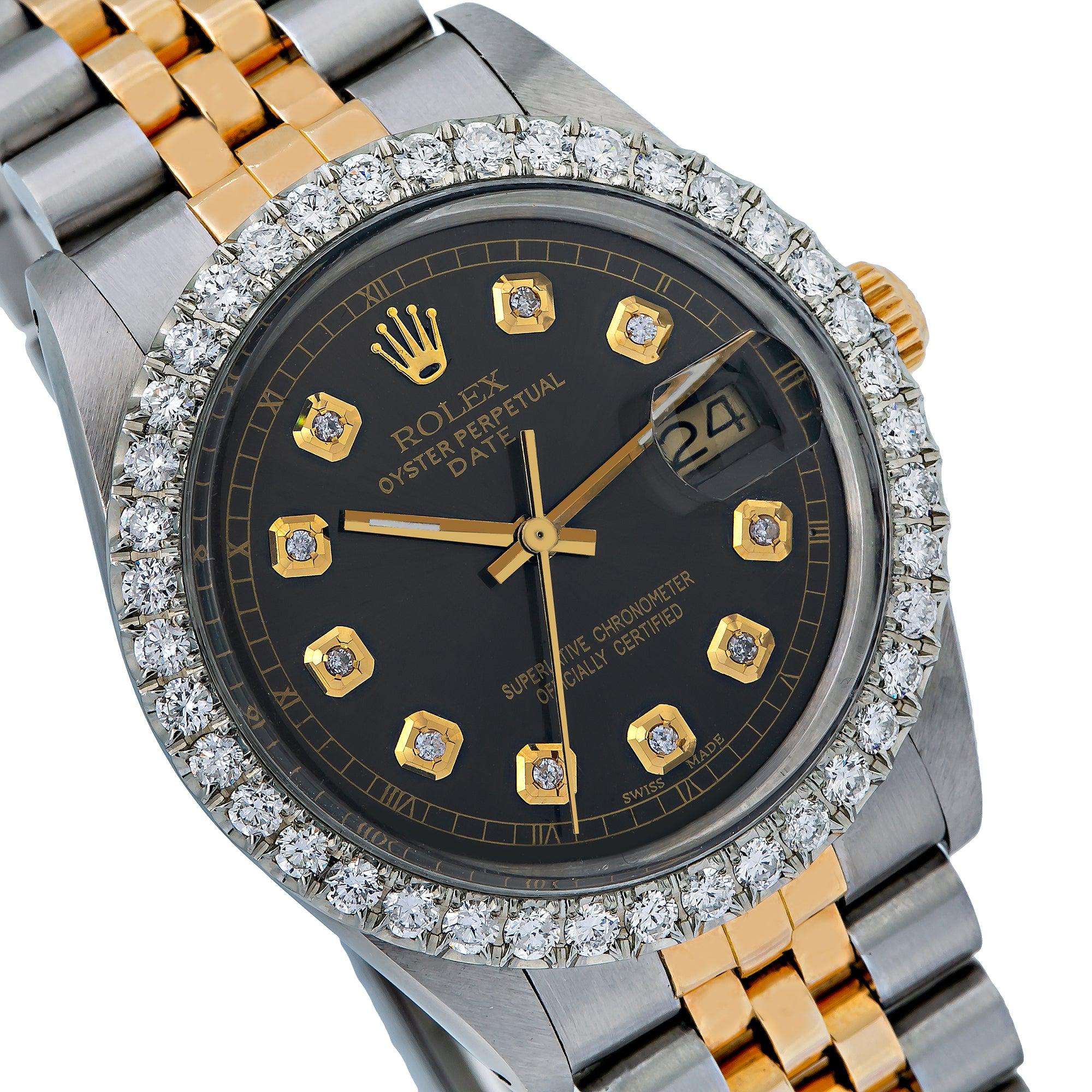 Rolex Date 34MM 15053 Black Diamond Dial Diamond Bezel Two Tone Yellow Gold Jubilee Bracelet 1.3ct - Image 4