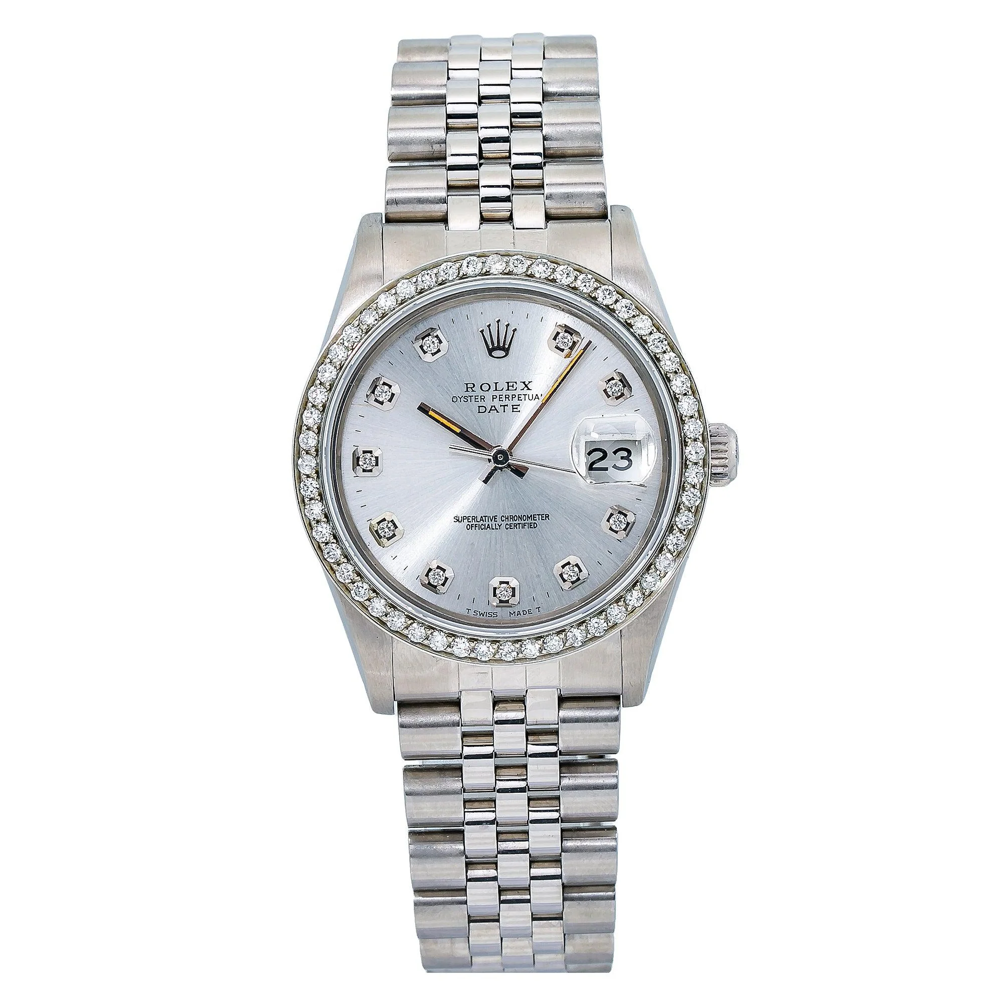 Rolex Date 34MM 15200 Silver Diamond Dial Diamond Bezel Stainless Steel Jubilee Bracelet 1.2ct