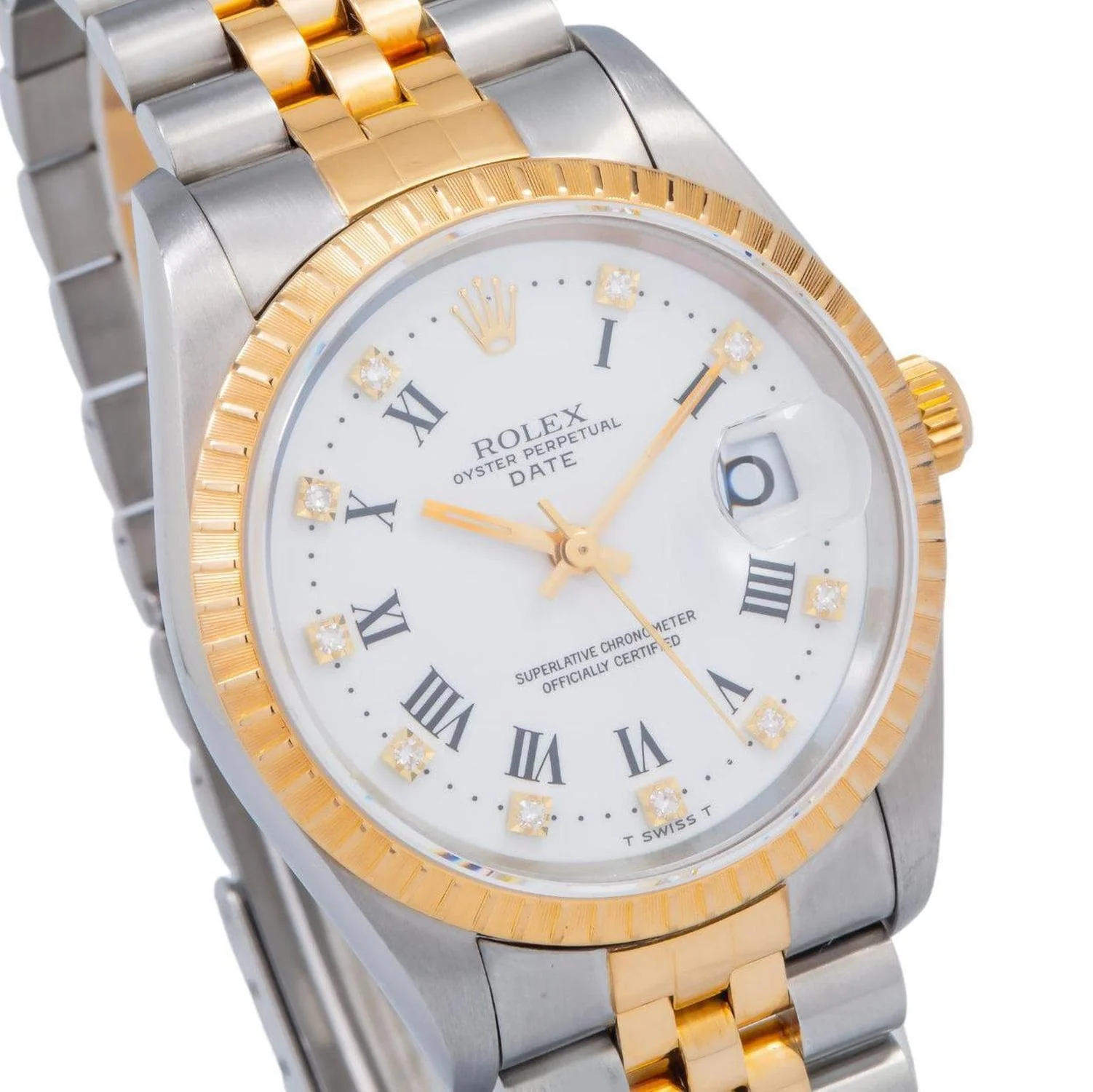 Rolex Date 34MM 15223 White Roman Diamond Dial Engine Turned Bezel Two Tone Yellow Gold Jubilee Bracelet - Image 3
