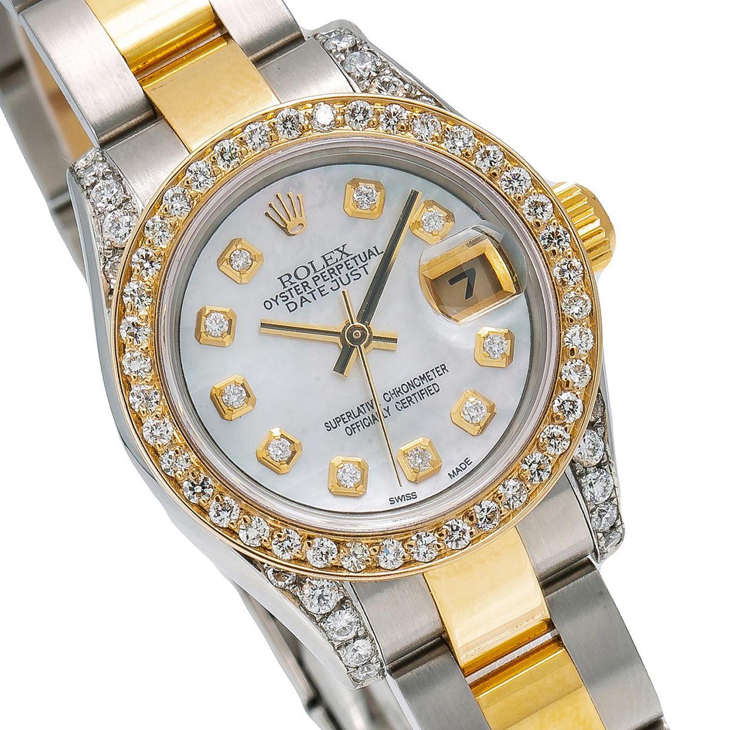 Rolex Datejust 26MM 179173 White Mother of Pearl Diamond Dial Diamond Bezel Two Tone Yellow Gold Oyster Bracelet 1.25ct - Image 3