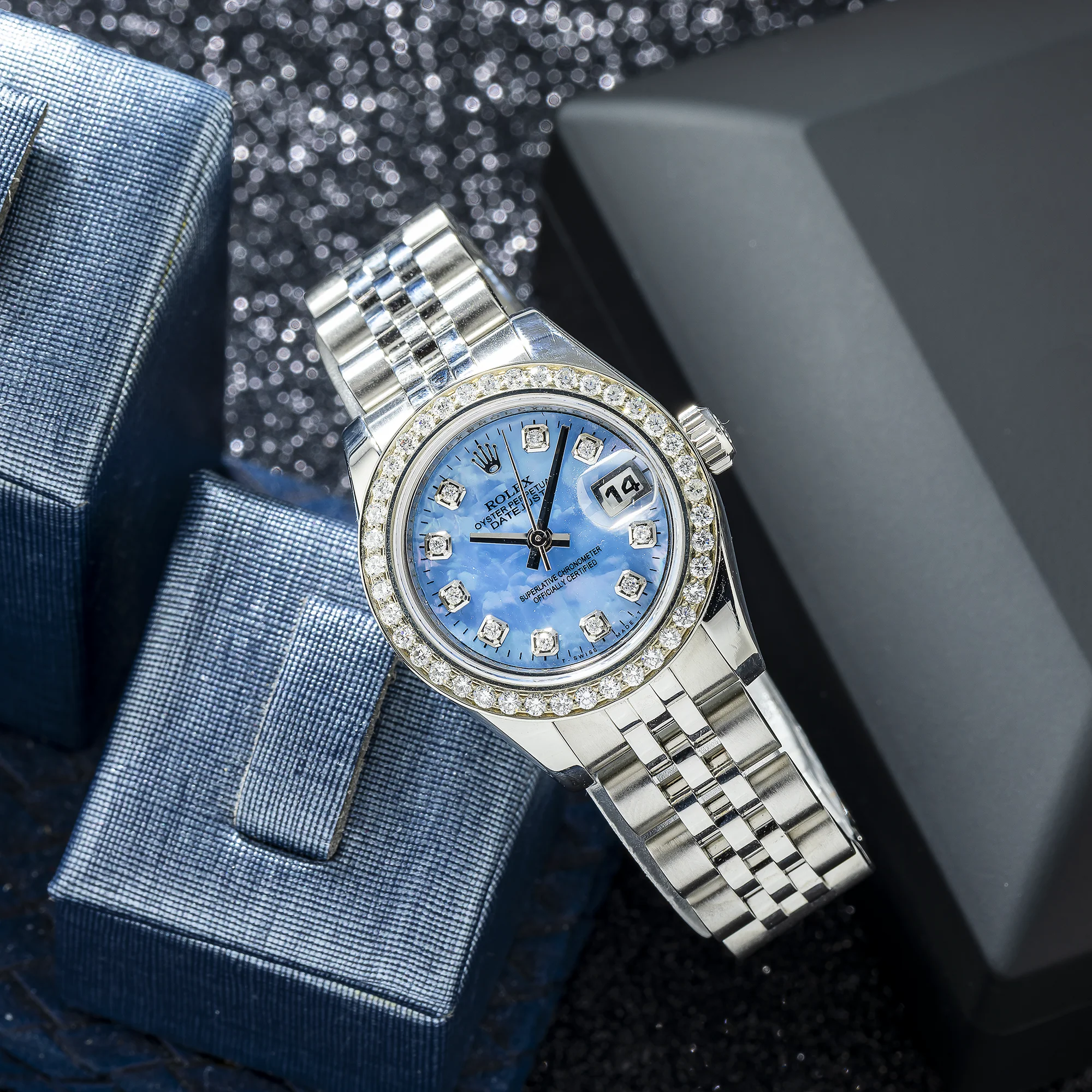 Rolex Datejust 26MM 179174 Blue Mother of Pearl Diamond Dial Diamond Bezel Stainless Steel Jubilee Bracelet - Image 4
