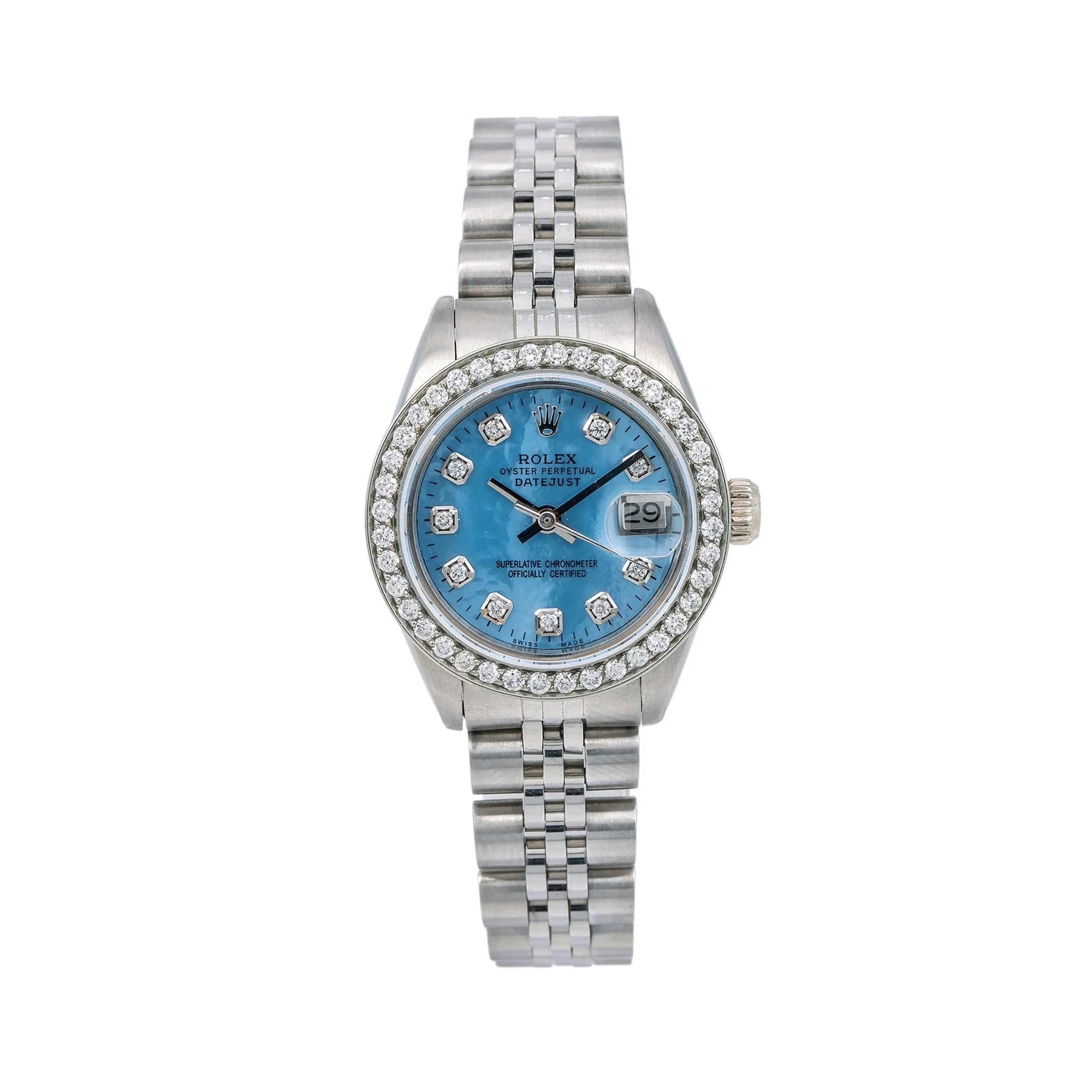 Rolex Datejust 26MM 6916 Blue Mother of Pearl Diamond Dial Diamond Bezel Stainless Steel Jubilee Bracelet 0.8ct