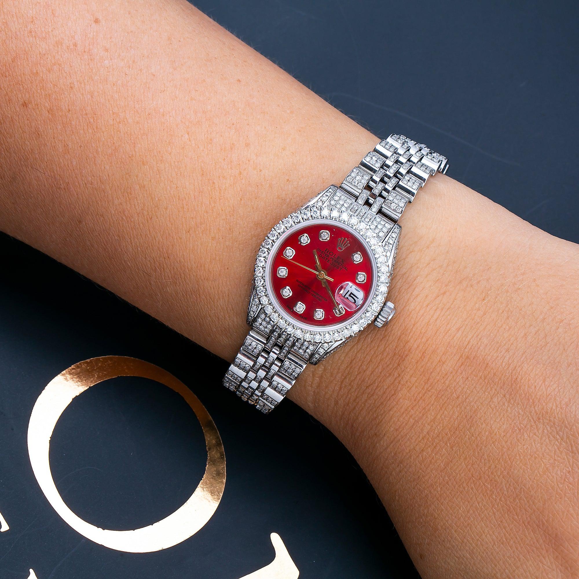 Rolex Datejust 26MM 6916 Red Diamond Dial Diamond Bezel Stainless Steel Full Diamond Jubilee Bracelet - Image 2