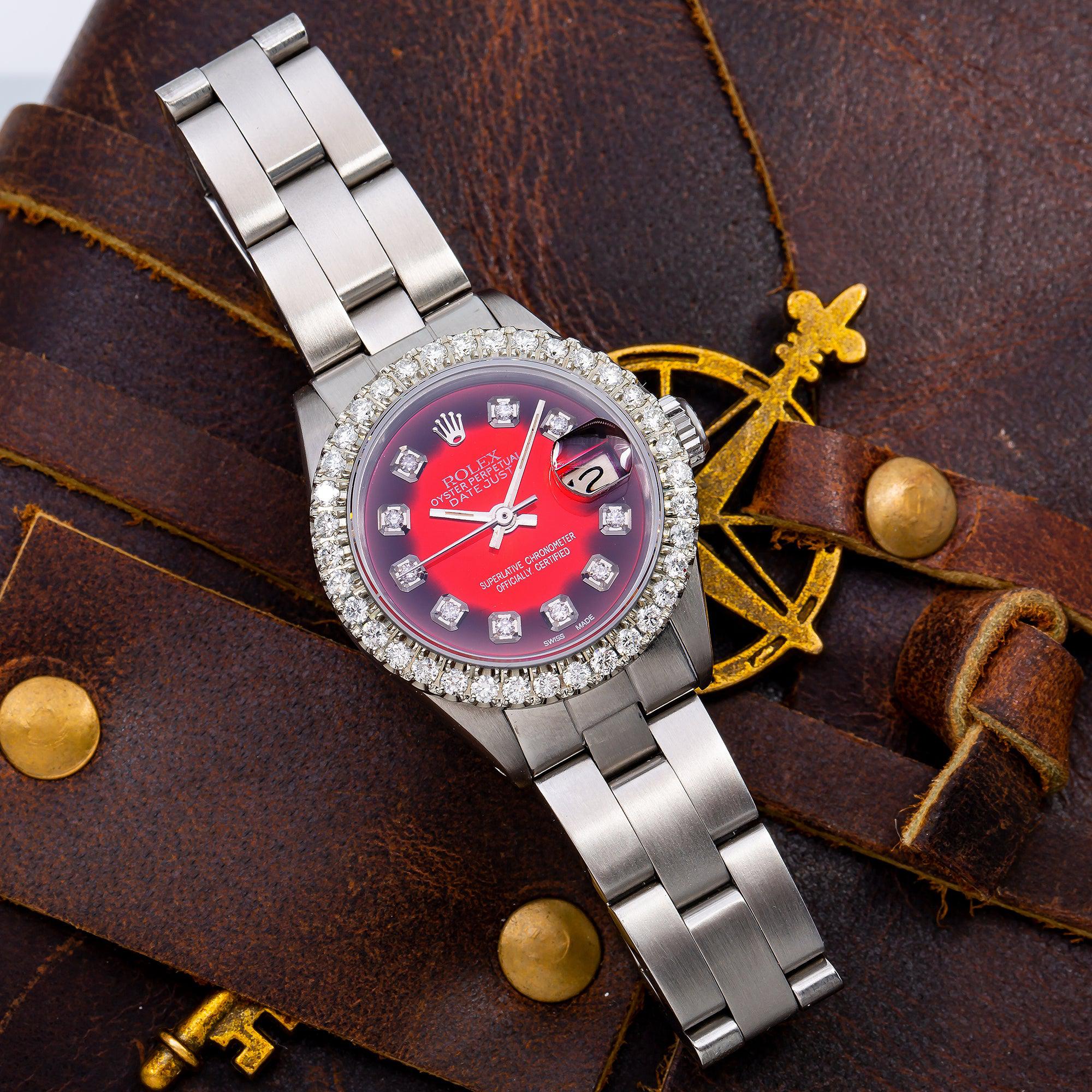 Rolex Datejust 26MM 6916 Red Diamond Dial Diamond Bezel Stainless Steel Oyster Bracelet - Image 2