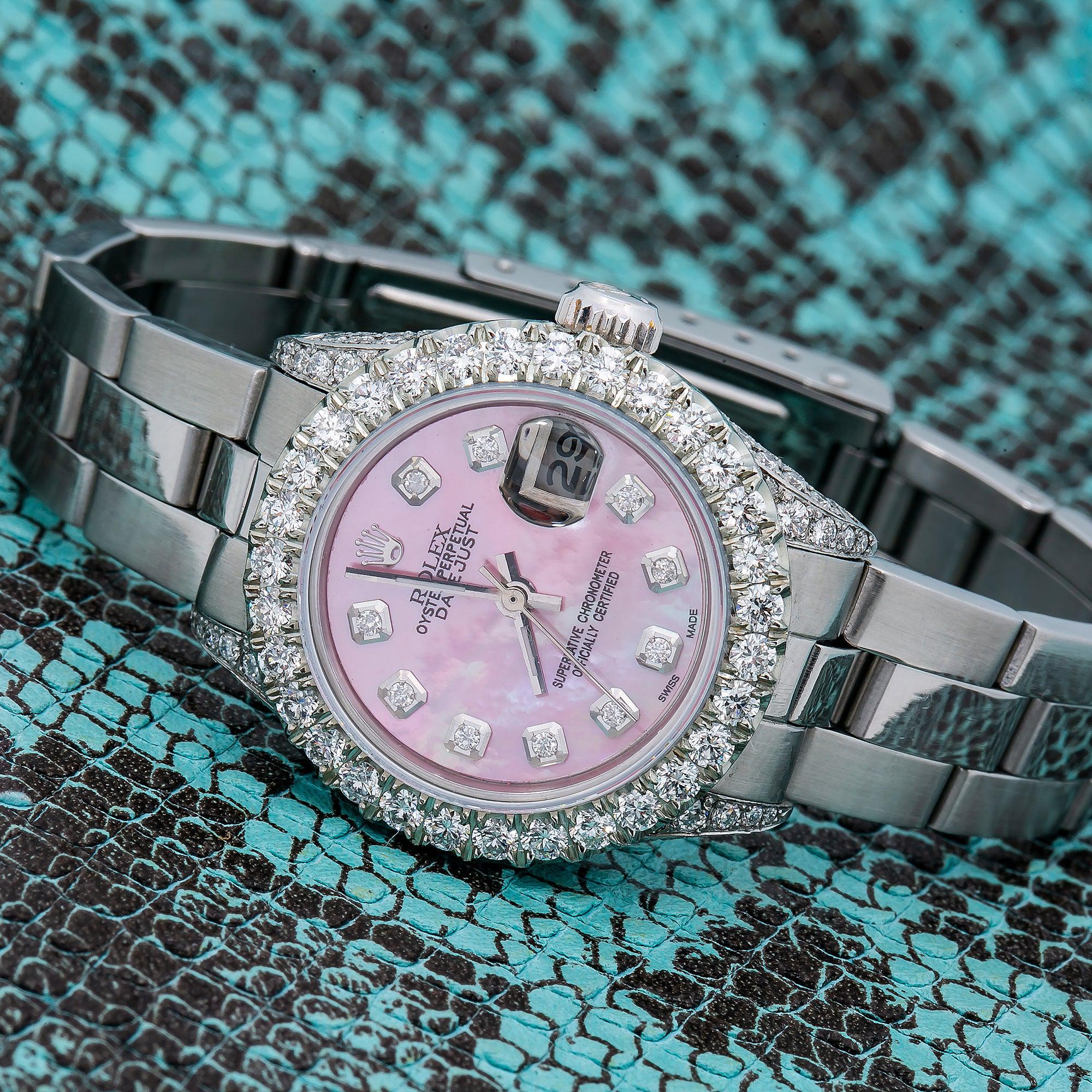 Rolex Datejust 26MM 69160 Pink Mother of Pearl Diamond Dial Diamond Bezel Stainless Steel Oyster Bracelet - Image 4