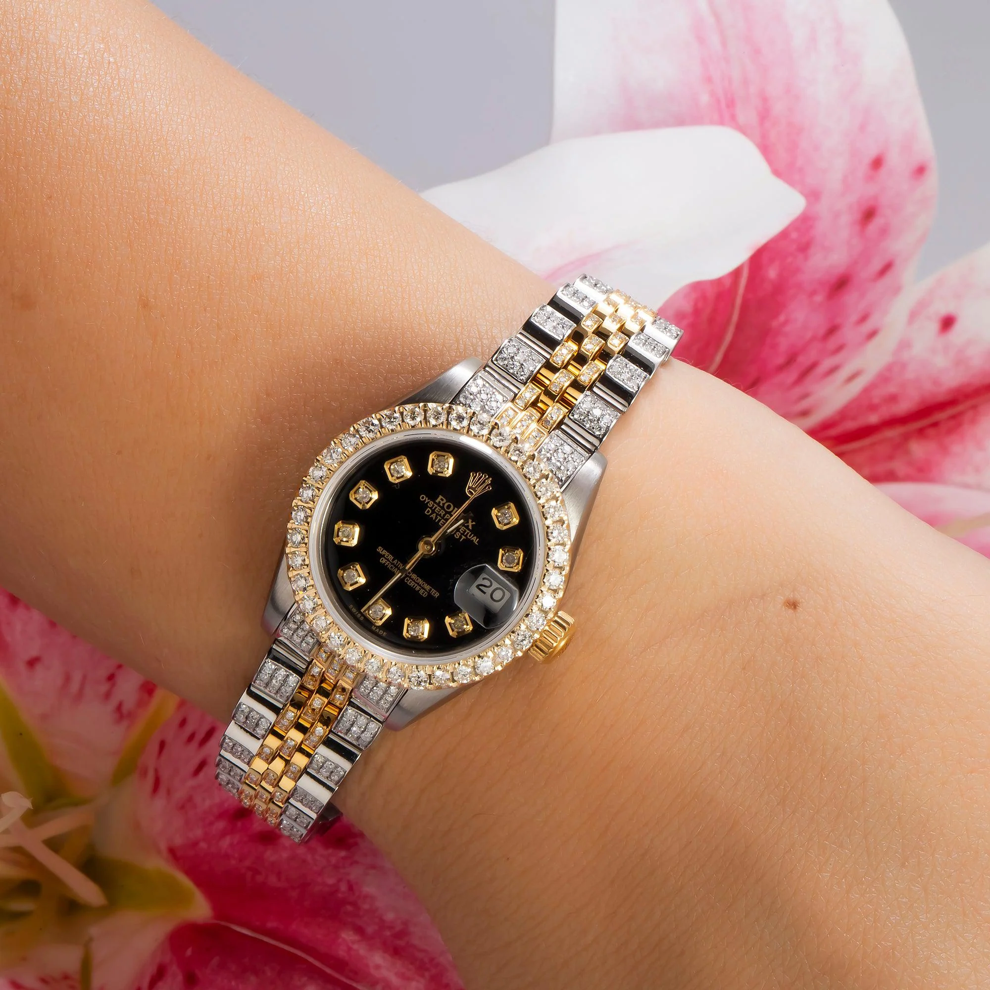 Rolex Datejust 26MM 6917 Black Diamond Dial Diamond Bezel Two Tone Yellow Gold Full Diamond Jubilee Bracelet - Image 2