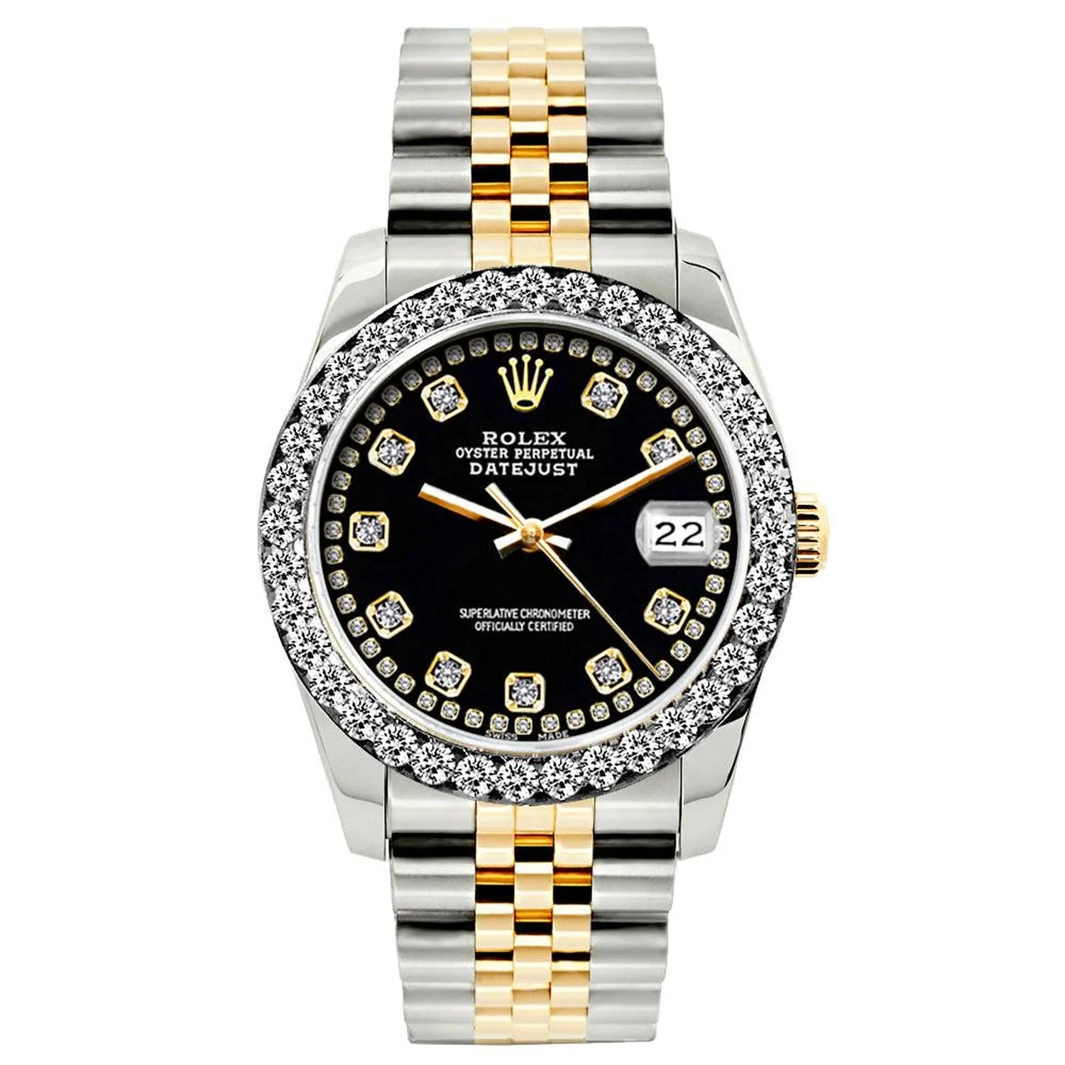 Rolex Datejust 26MM 6917 Black Diamond Dial Diamond Bezel Two Tone Yellow Gold Jubilee Bracelet 1.2ct