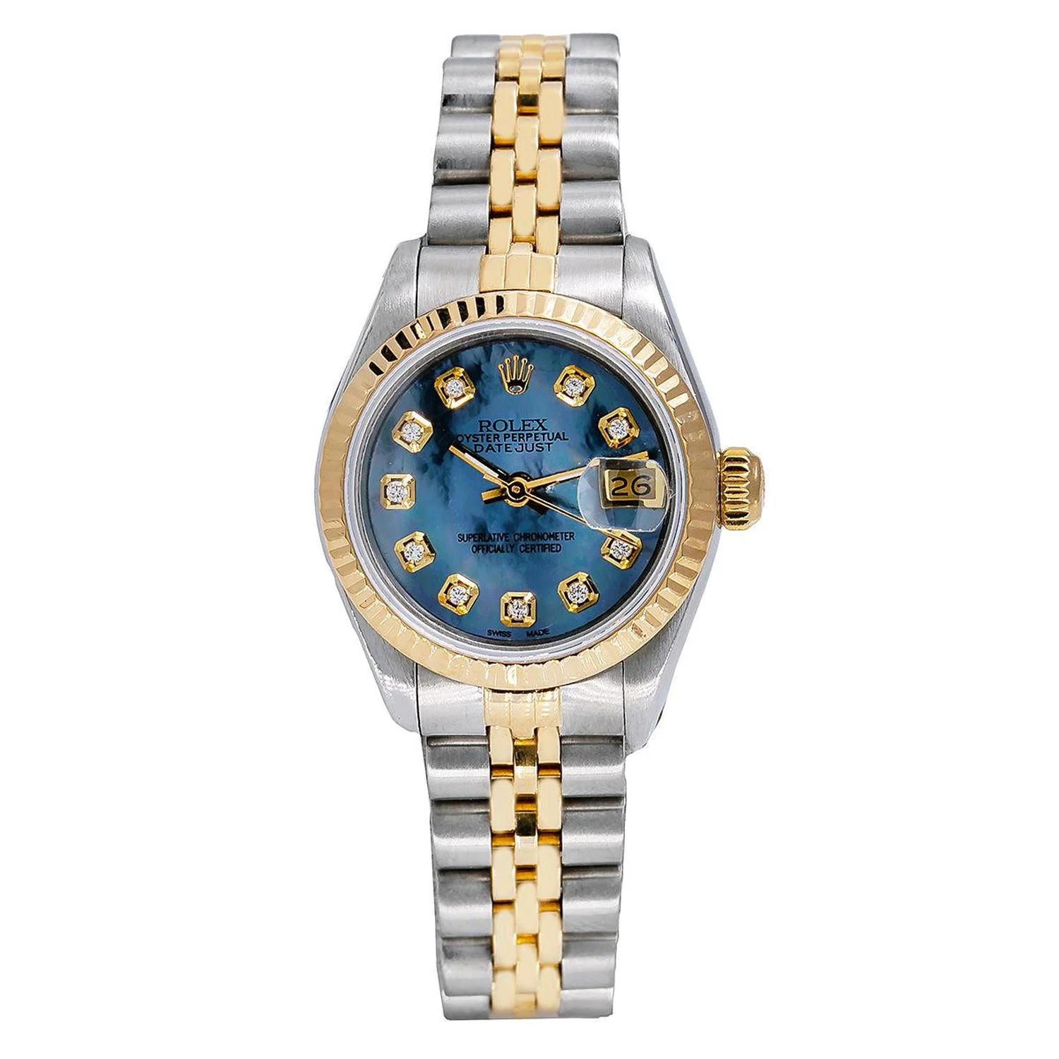 Rolex Datejust 26MM 6917 Blue Mother of Pearl Diamond Dial Fluted Bezel Two Tone Yellow Gold Jubilee Bracelet