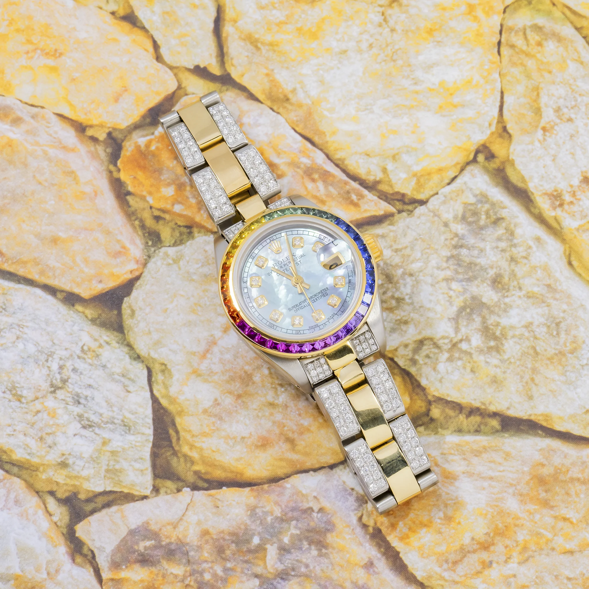 Rolex Datejust 26MM 6917 Blue Mother of Pearl Diamond Dial Rainbow Gemstone Bezel Two Tone Yellow Gold Semi Diamond Oyster Bracelet - Image 2