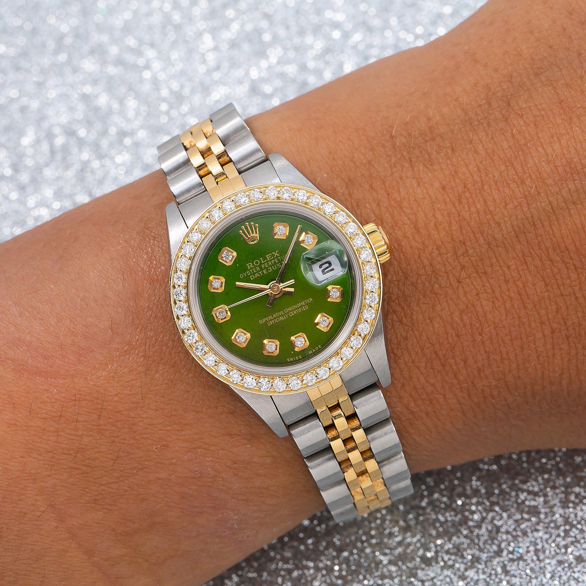 Rolex Datejust 26MM 6917 Green Diamond Dial Diamond Bezel Two Tone Yellow Gold Jubilee Bracelet - Image 2