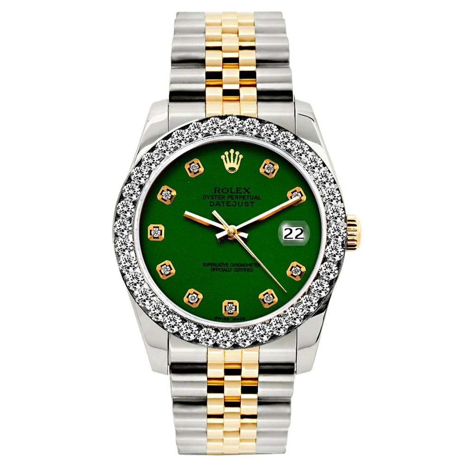 Rolex Datejust 26MM 6917 Green Diamond Dial Diamond Bezel Two Tone Yellow Gold Jubilee Bracelet 1.2ct