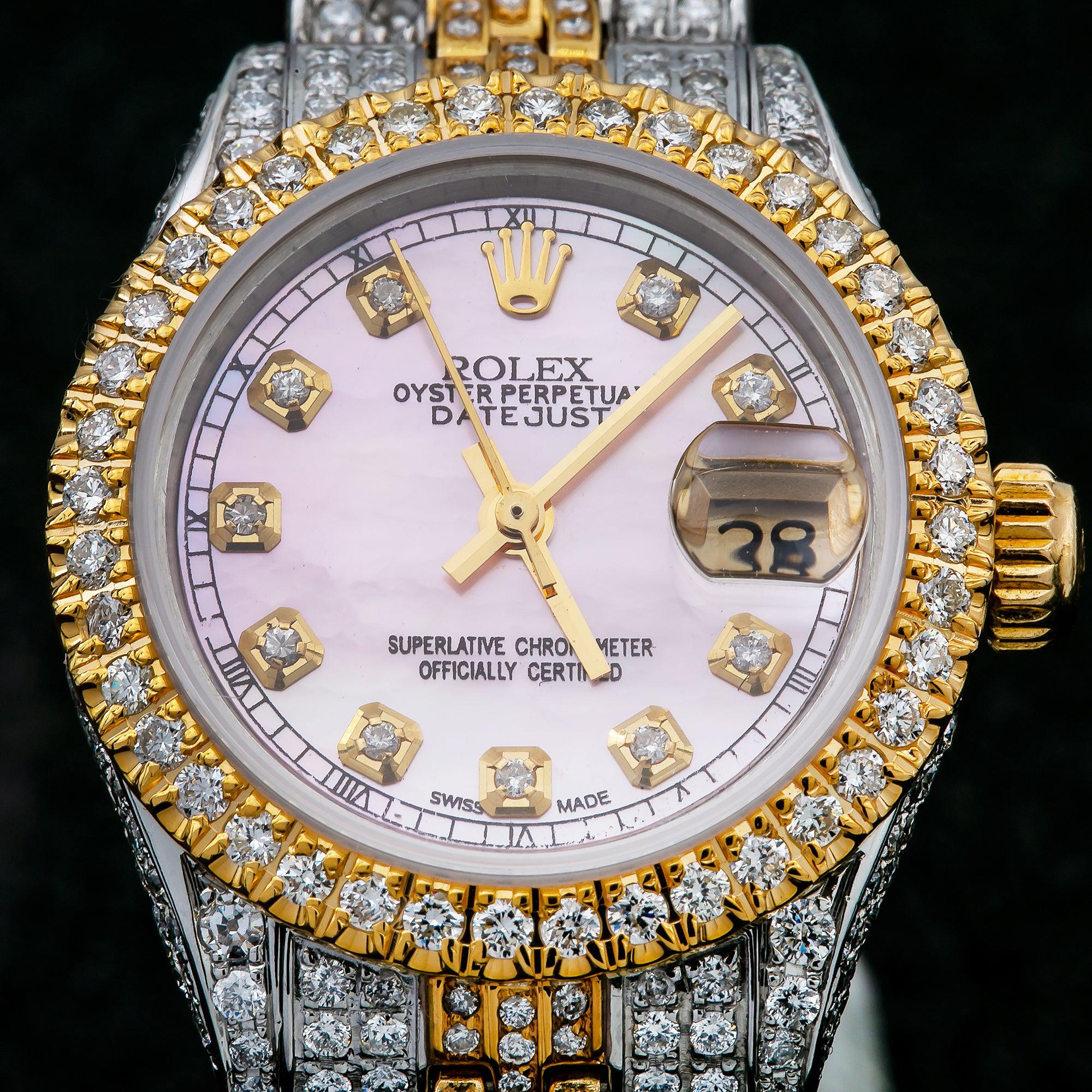 Rolex Datejust 26MM 6917 Pink Mother of Pearl Diamond Dial Diamond Bezel Two Tone Yellow Gold Full Diamond Jubilee Bracelet 5.75ct - Image 4