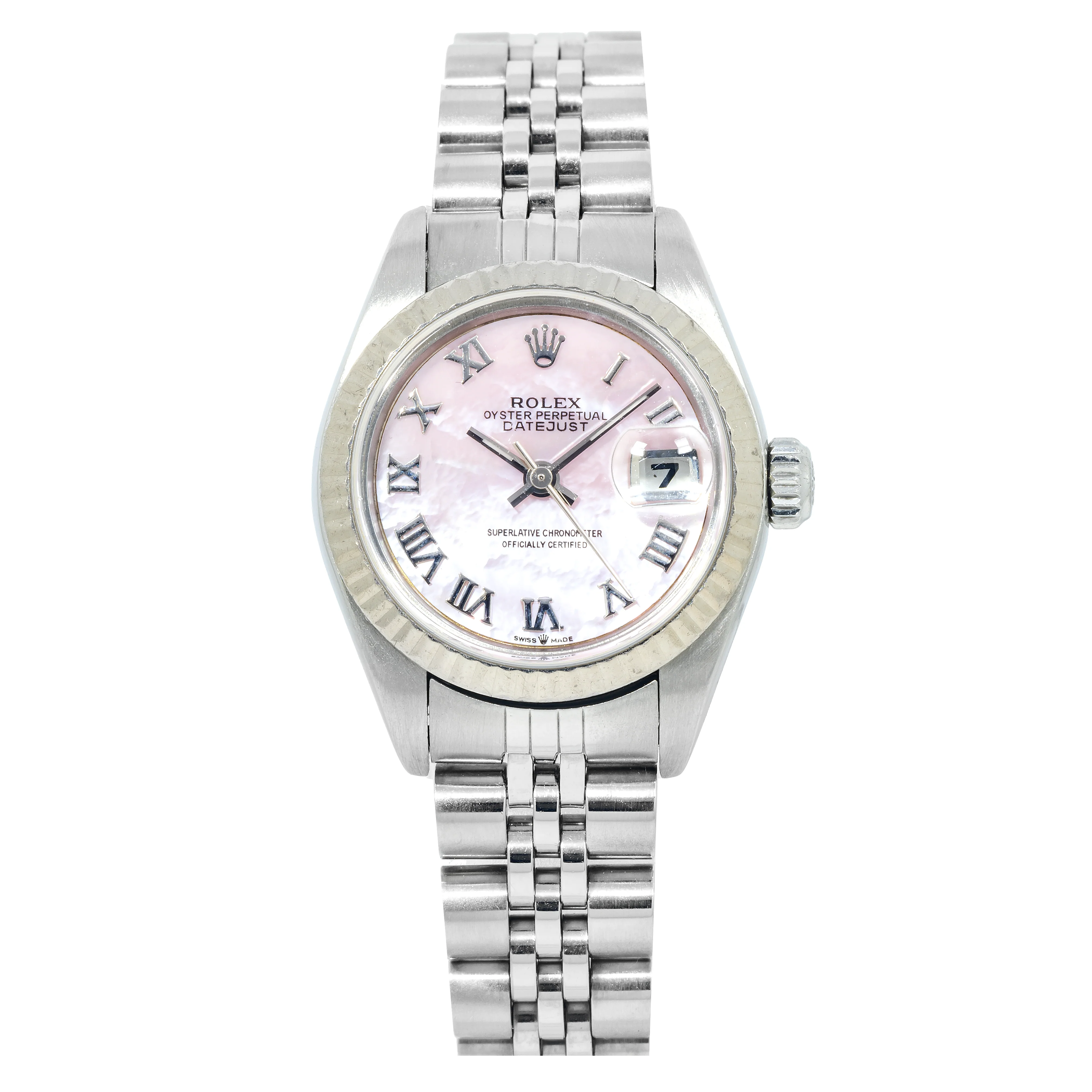 Rolex Datejust 26MM 6917 Pink Mother of Pearl Roman Dial Fluted Bezel Stainless Steel Jubilee Bracelet