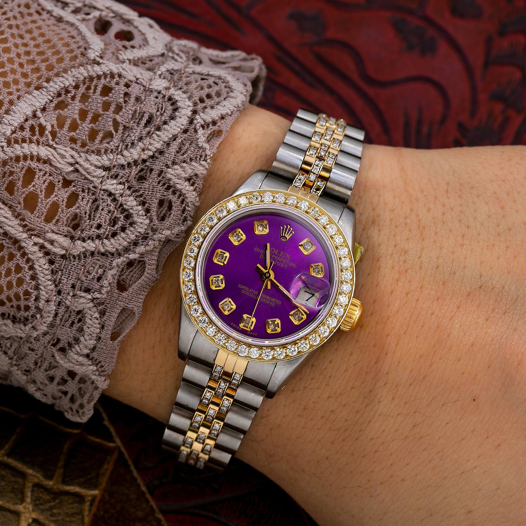 Rolex Datejust 26MM 6917 Purple Diamond Dial Diamond Bezel Two Tone Yellow Gold Semi Diamond Jubilee Bracelet - Image 4