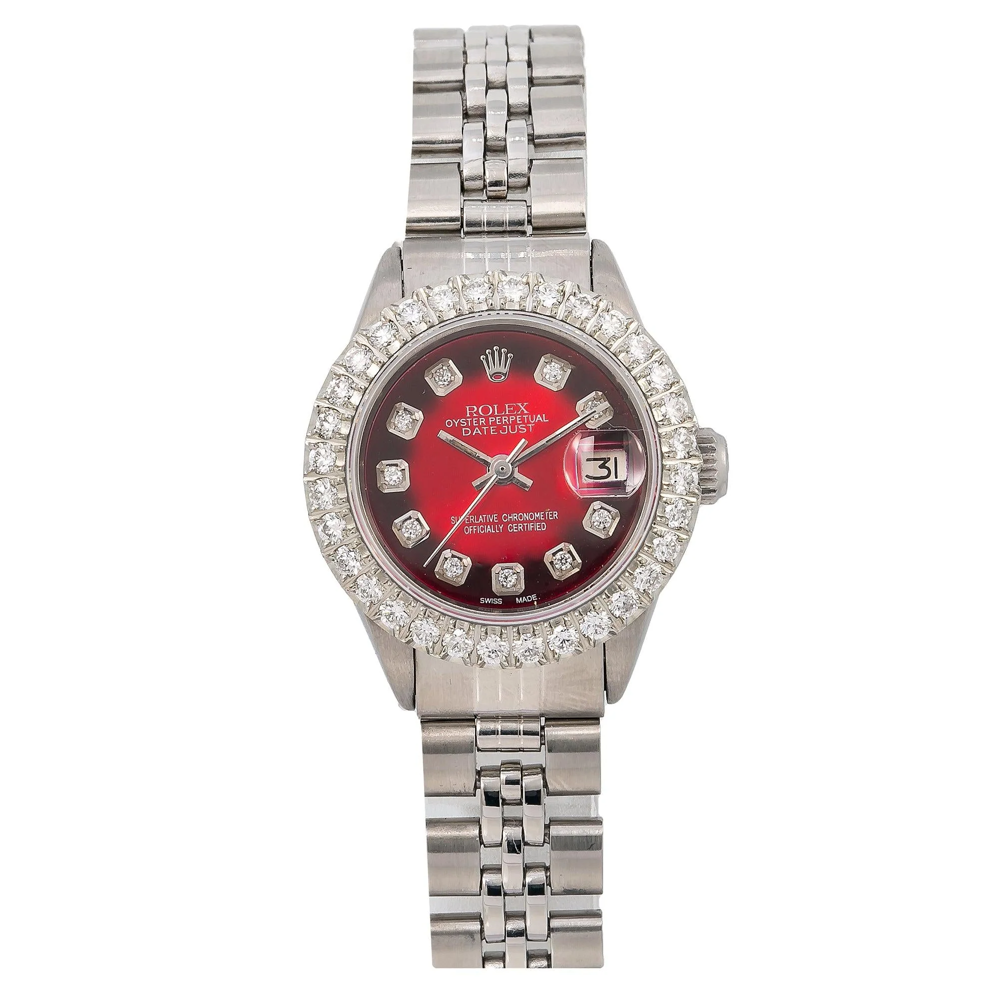 Rolex Datejust 26MM 6917 Red Diamond Dial Diamond Bezel Stainless Steel Jubilee Bracelet
