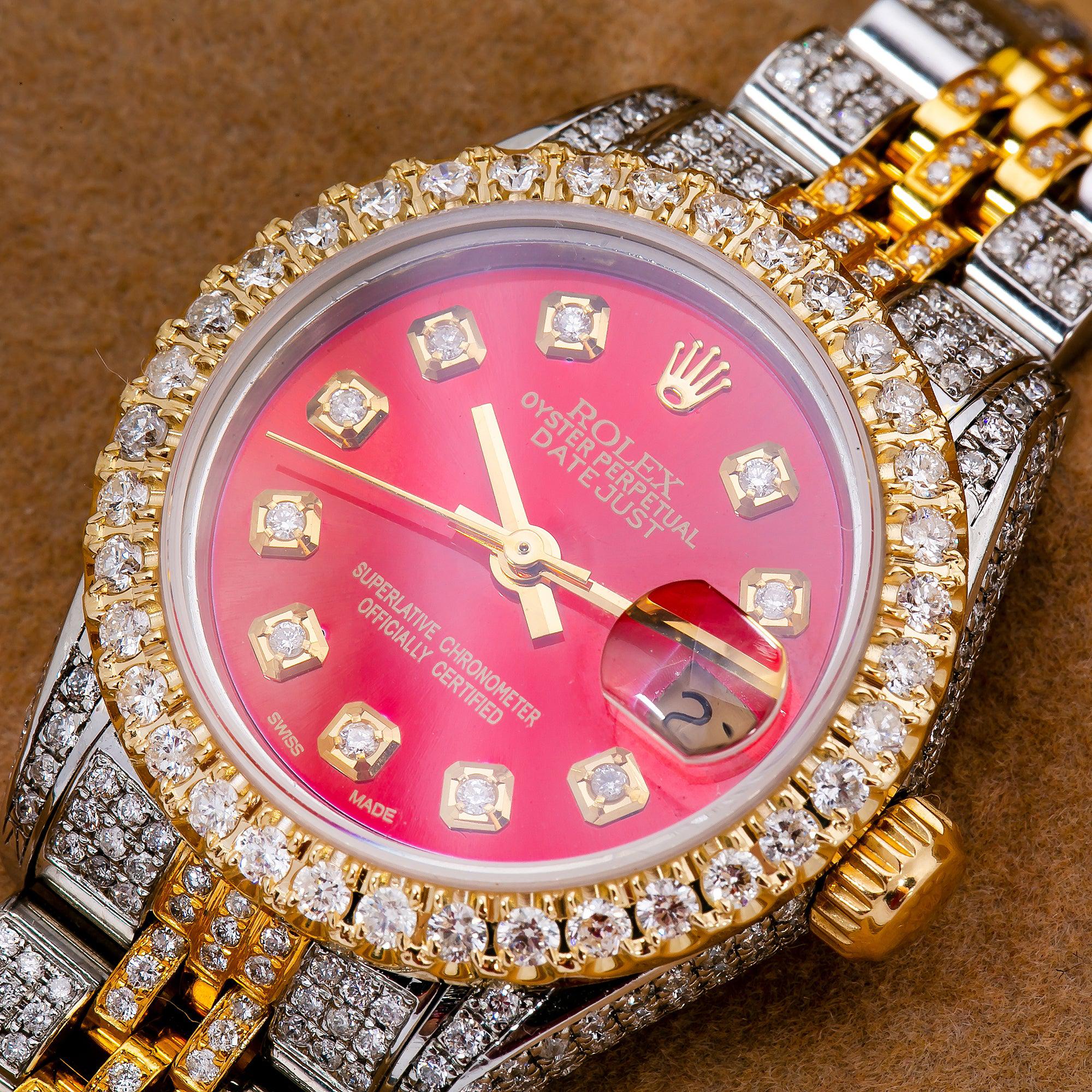 Rolex Datejust 26MM 6917 Red Diamond Dial Diamond Bezel Two Tone Yellow Gold Full Diamond Jubilee Bracelet - Image 3